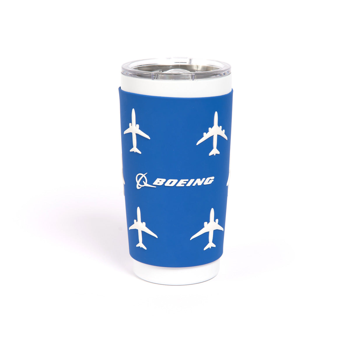 The Boeing Stores blue Commercial Airplane Tumbler is an ideal aviation gift. It features a sleek silver lid, white airplane silhouettes, and the Boeing logo in crisp white text. Its double-wall insulation keeps beverages at the perfect temperature.