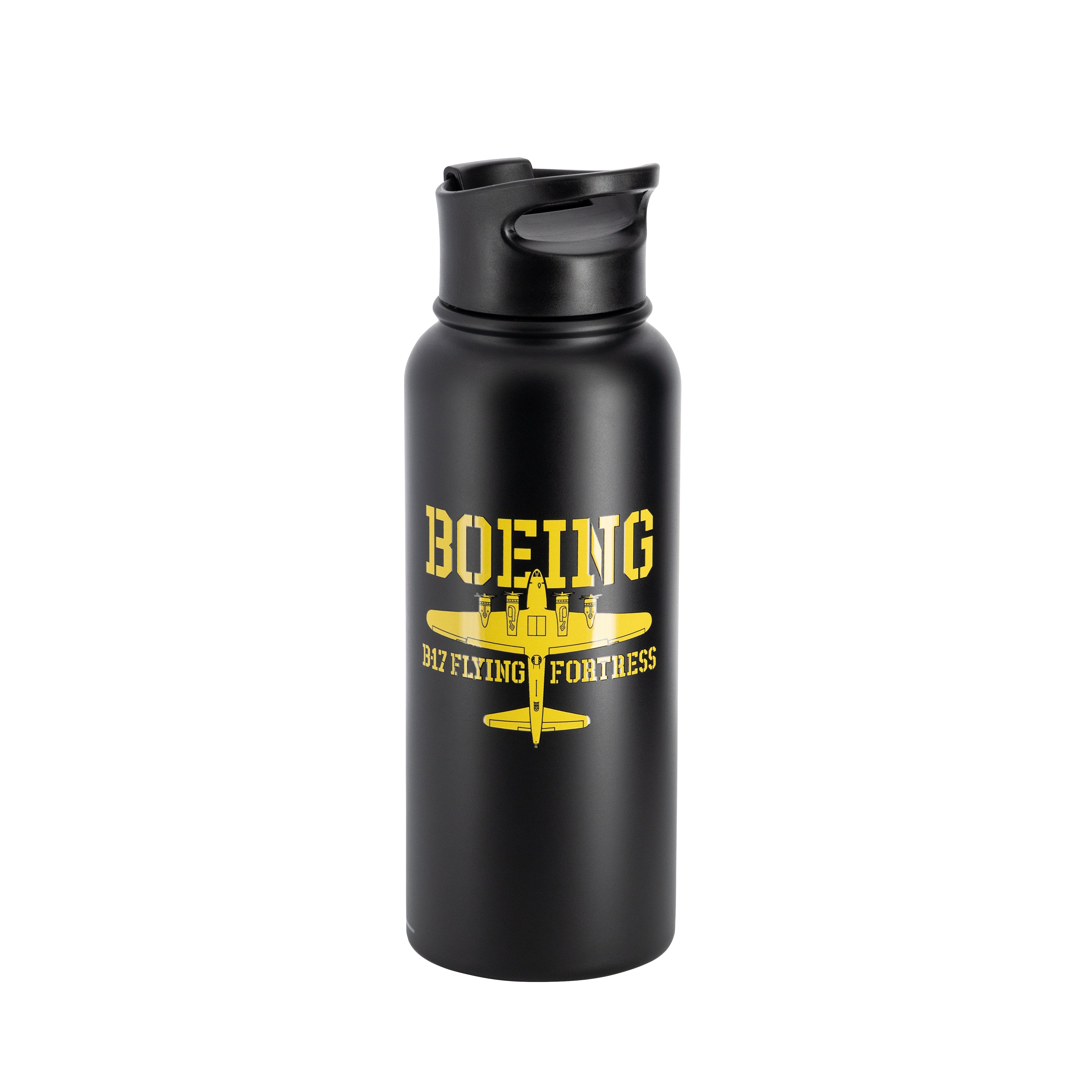 The Boeing Stores Boeing B-17 Flying Fortress Heritage Tumbler features a black, stainless steel design with a vacuum-insulated flip-top lid and has yellow text with a silhouette image of the iconic aircraft.