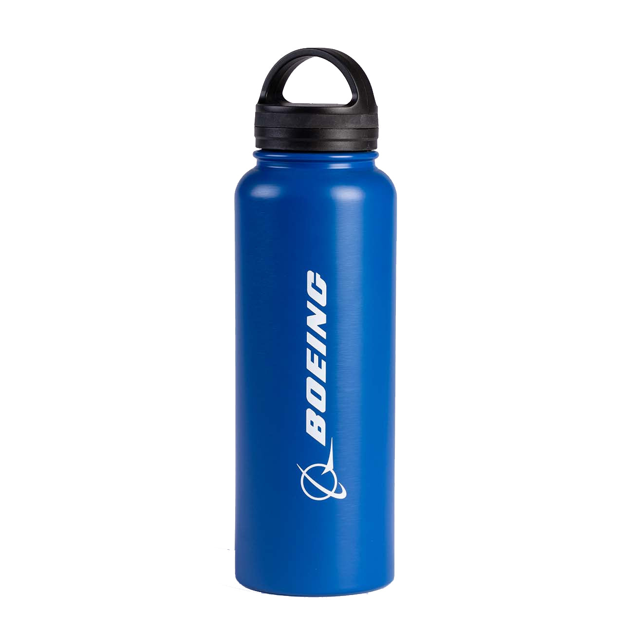 The Boeing Stores BPA-free, blue stainless steel Boeing Logo Water Bottle features a sleek black lid with BOEING in white, a logo, and ring-arrow design.