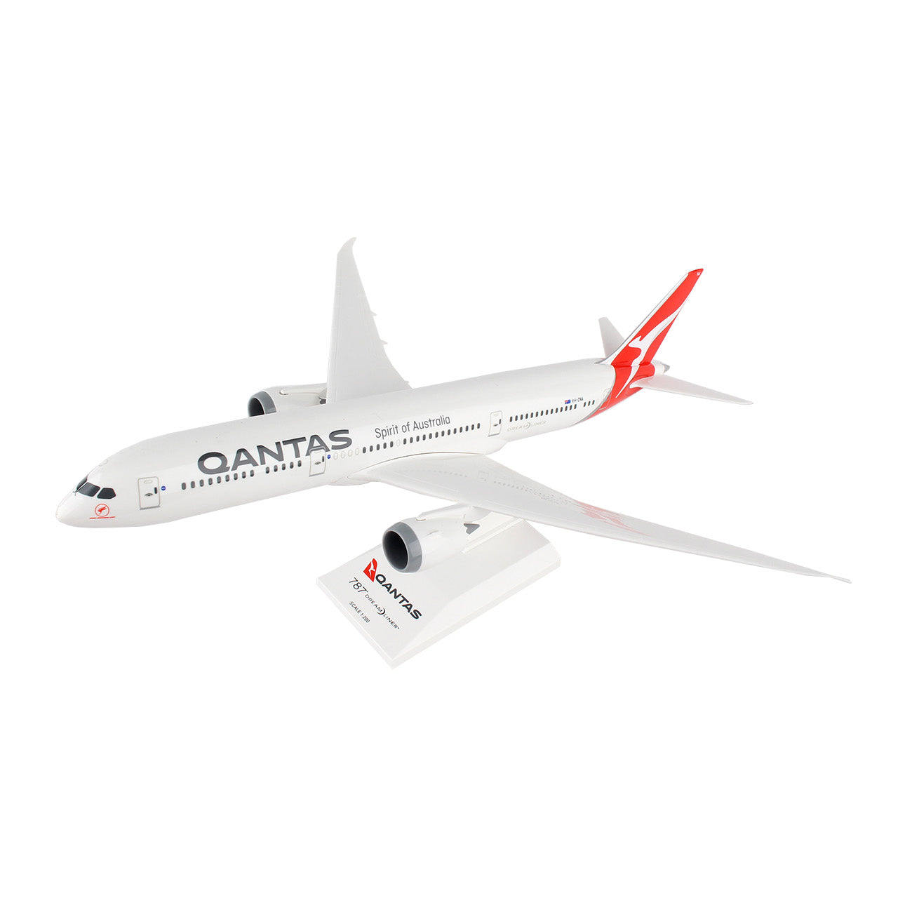 The Daron Qantas Airways Boeing 2017 787-9 1:200 Model features a white fuselage and red tail with the logo and Spirit of Australia text. Made from injection molded plastic, it includes a stand for display.