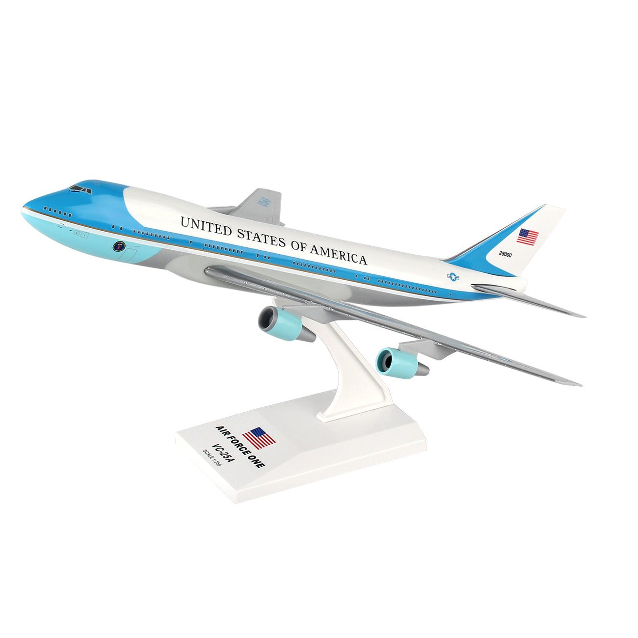 Darons Air Force One Boeing VC25/747-200 1:250 model showcases United States of America in light blue and white. It comes on a stand labeled Air Force One with an American flag on the tail and stand, making it a collectible treasure.