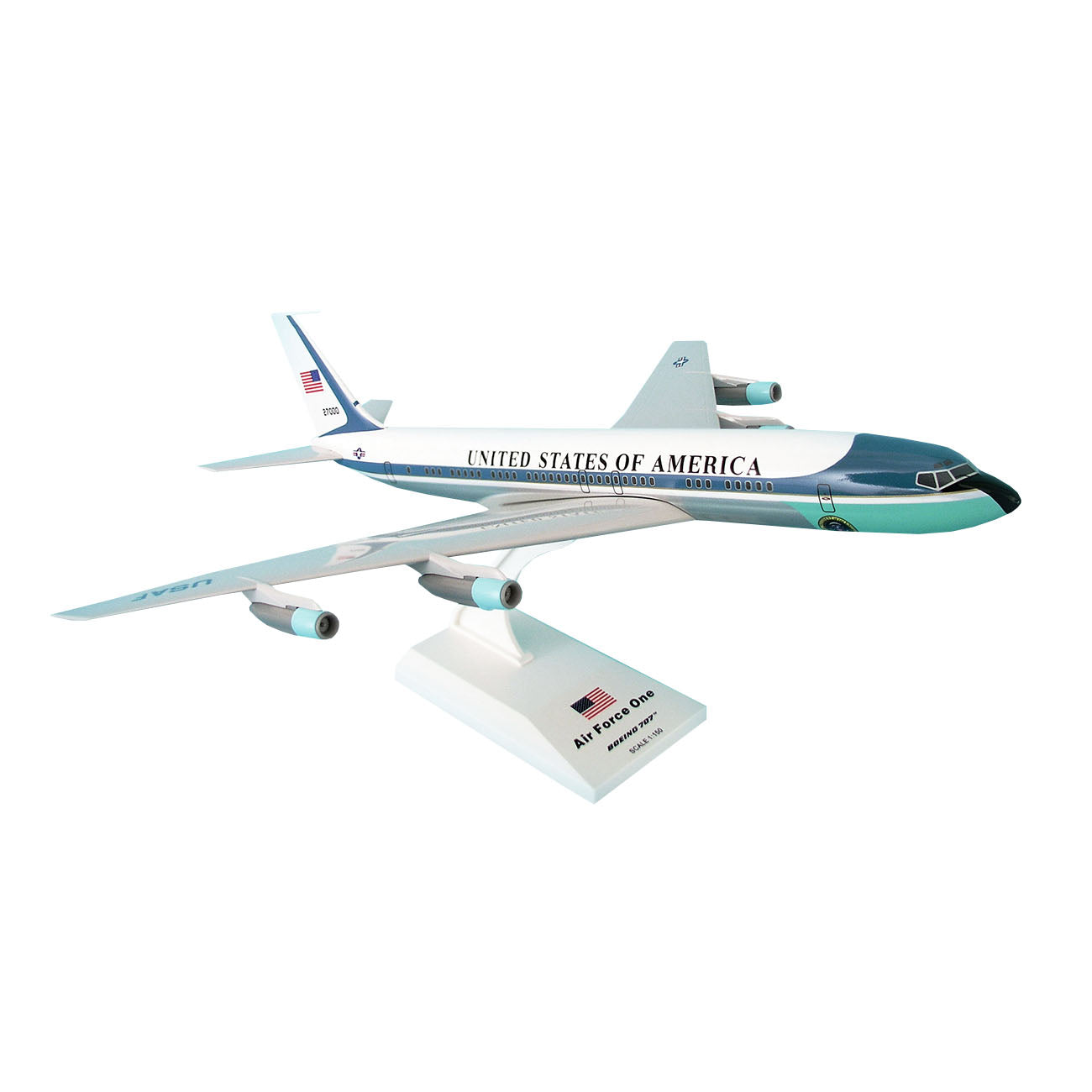 The Daron Air Force One Boeing VC-137/707 1:150 Model features blue, white, and silver details, “United States of America” on the side, and comes with a white Air Force One stand—an ideal collectors item.