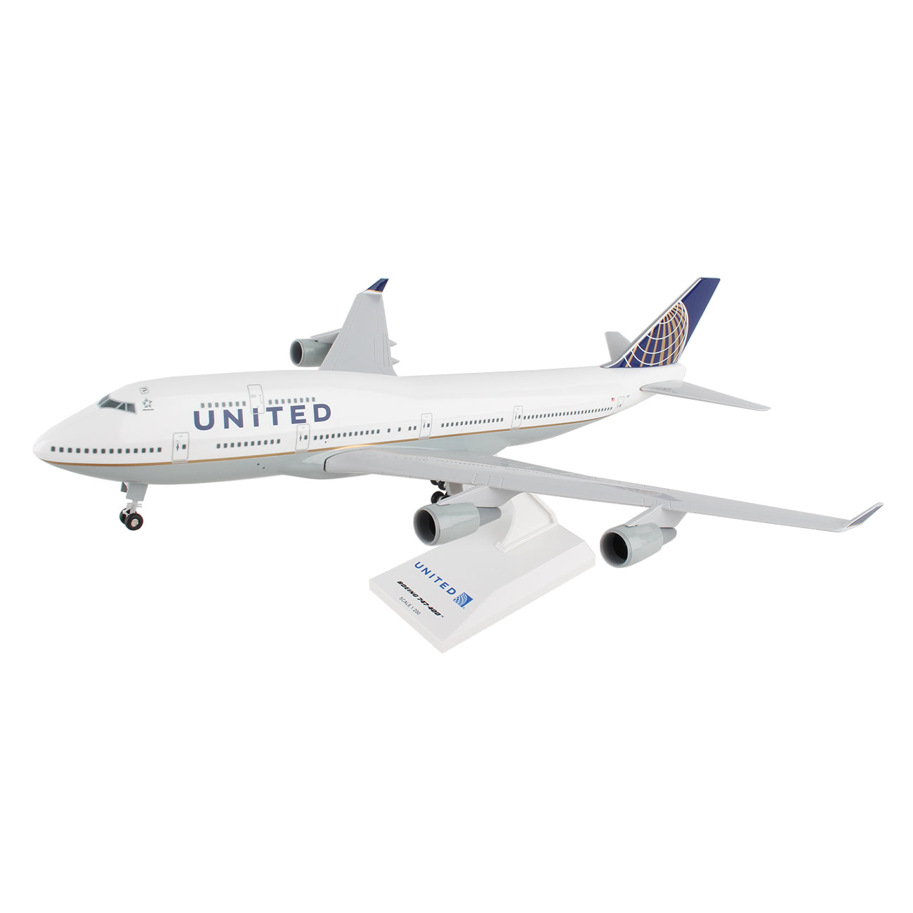The Daron United Airlines Boeing 747-400 1:200 Model features a white jet with blue and gold accents, displayed on a white stand with the United Airlines logo.