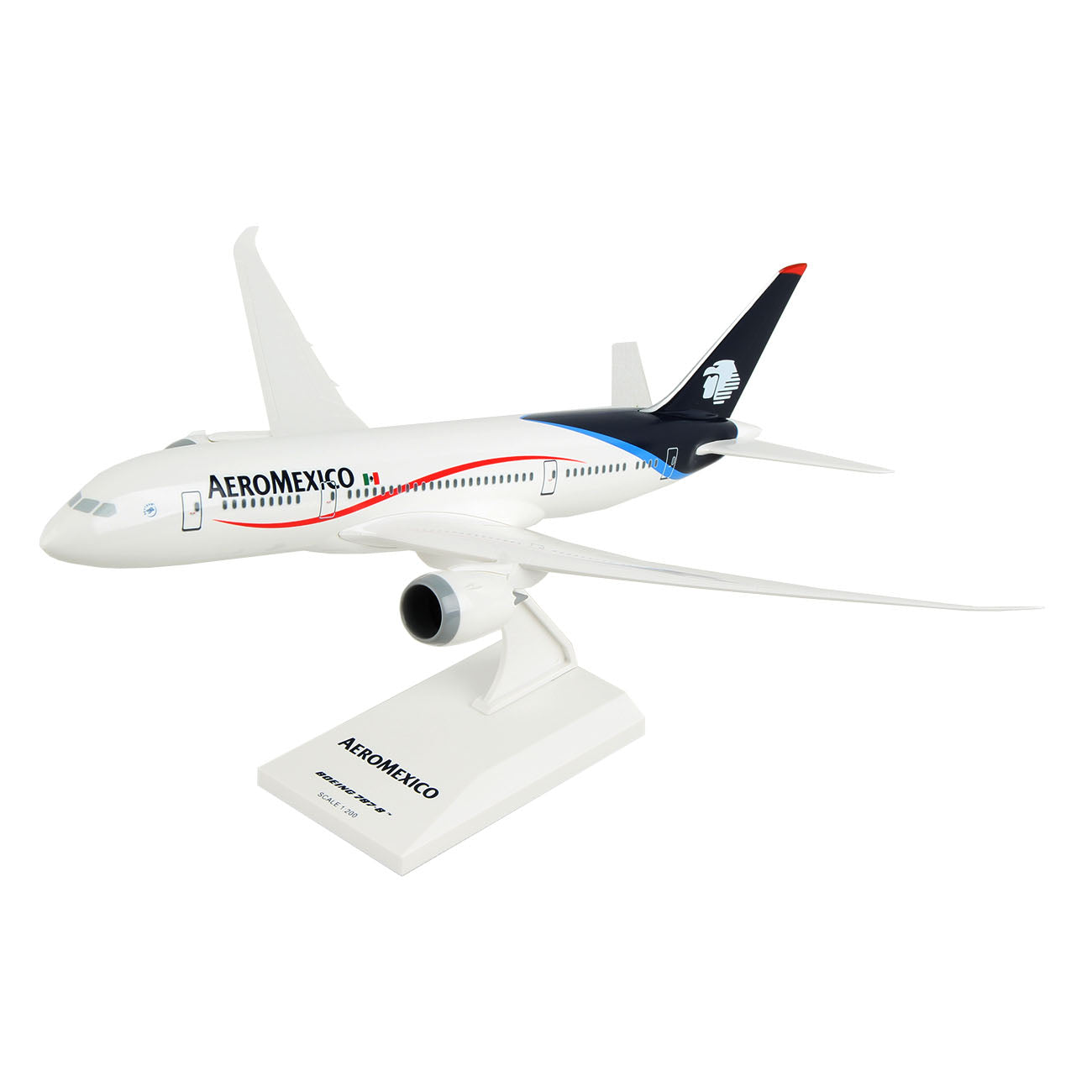 The Daron Aeroméxico Boeing 787-8 1:200 Model features a white fuselage, dark blue tail, red and blue stripes, Aeroméxico branding, and comes with a white display stand—ideal for collectors.
