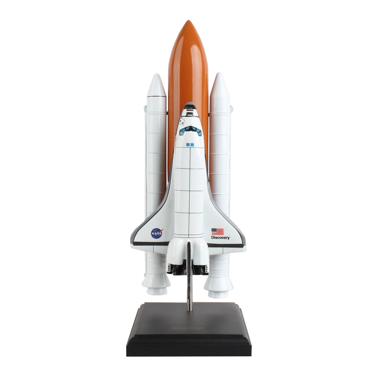 The Daron Boeing Space Shuttle Full Stack 1:200 Model includes an orange external tank, white boosters, and a black stand. Featuring NASAs logo, this collectors piece is ideal for enthusiasts.