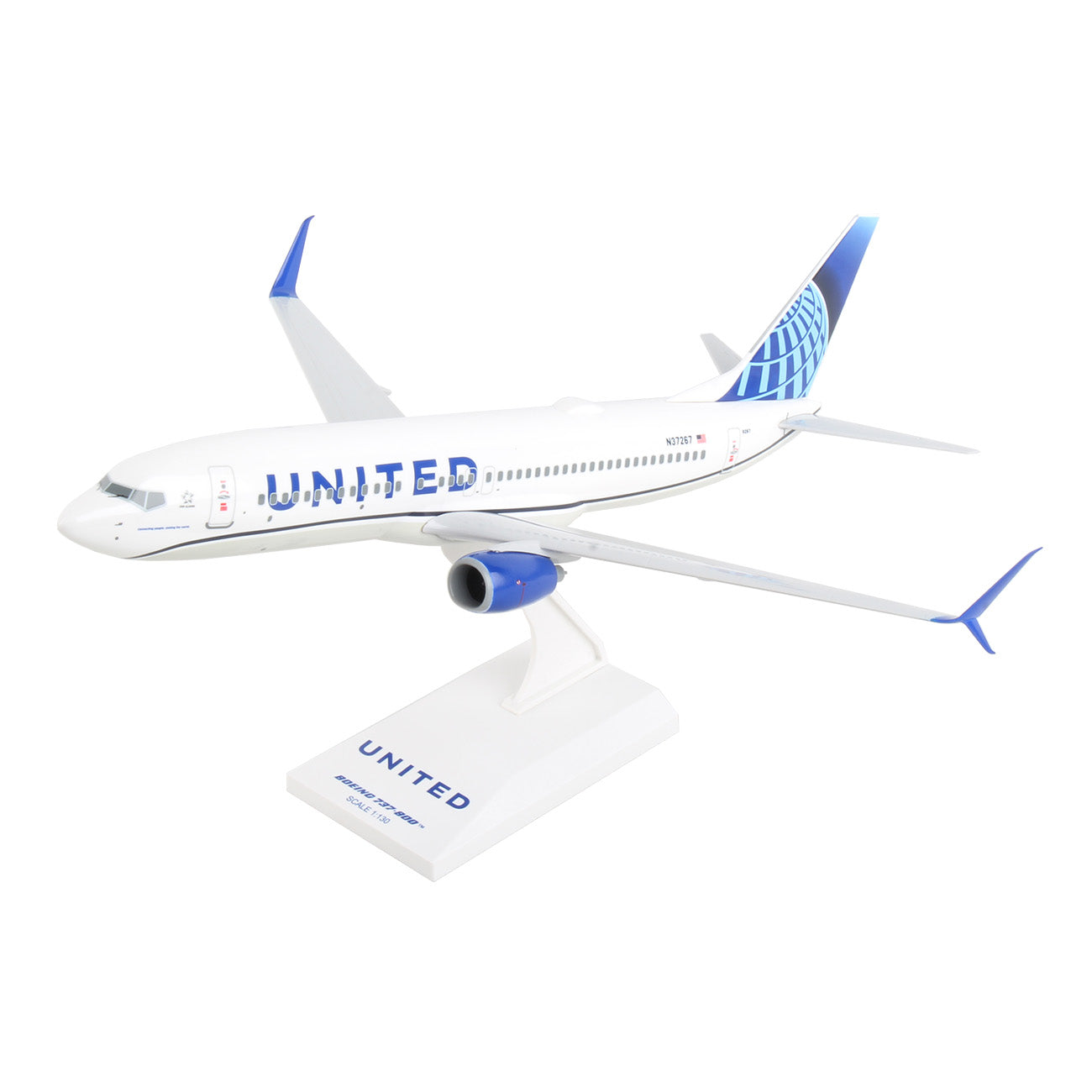 The Daron United Airlines Boeing 737-800 1:130 Model features realistic graphics, blue accents, United on the fuselage, and a globe on the blue tail, displayed on a white stand—perfect for collectors.
