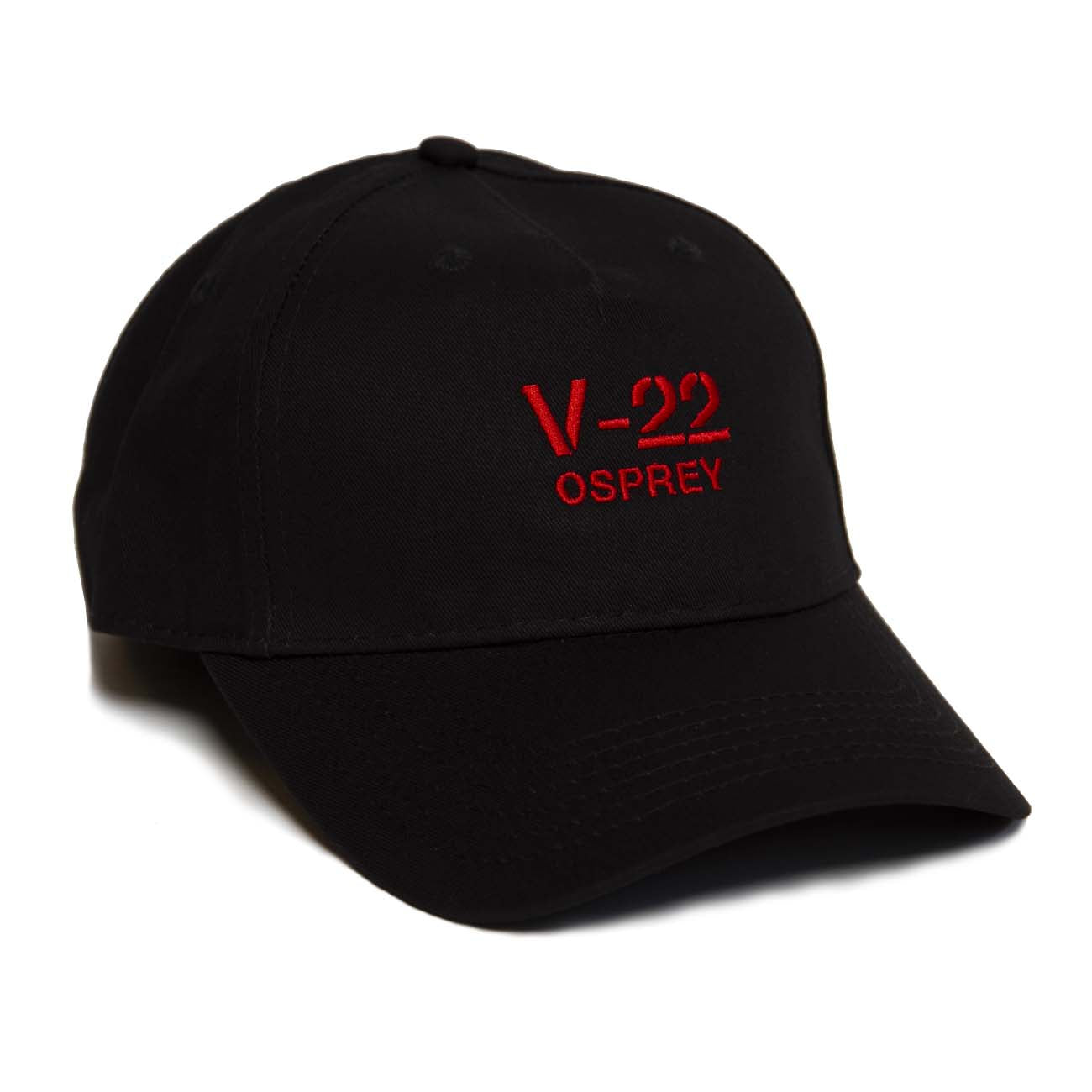This Boeing V-22 Hat from The Boeing Store is a black 100% cotton baseball cap with V-22 Osprey embroidered in red on the front and features an adjustable Velcro closure for comfort.