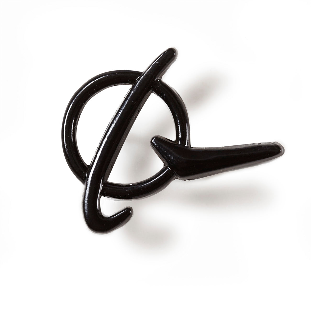 The Boeing Stores black glossy lapel pin, made from zinc alloy, features the Boeing Symbol Logo with an abstract oval and curved line design on a white background.