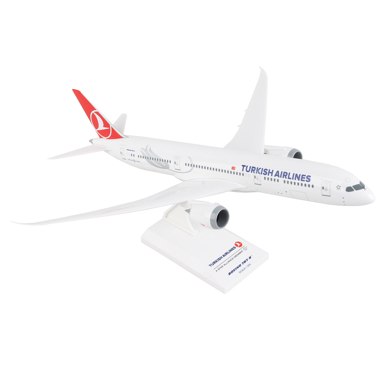 The Daron Turkish Airlines Boeing 787-9 1:200 Model features authentic markings, detailed graphics, airline logo and colors, with a white fuselage and red tail, displayed on a stand.