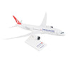 The Daron Turkish Airlines Boeing 787-9 1:200 Model features authentic markings, detailed graphics, airline logo and colors, with a white fuselage and red tail, displayed on a stand.
