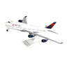 The Daron Delta Air Lines Boeing 747-400 1:200 Model features authentic markings and a stand. This white model displays the Delta logo on the fuselage and tail, highlighting its impressive wings and engines from a slight upward angle.