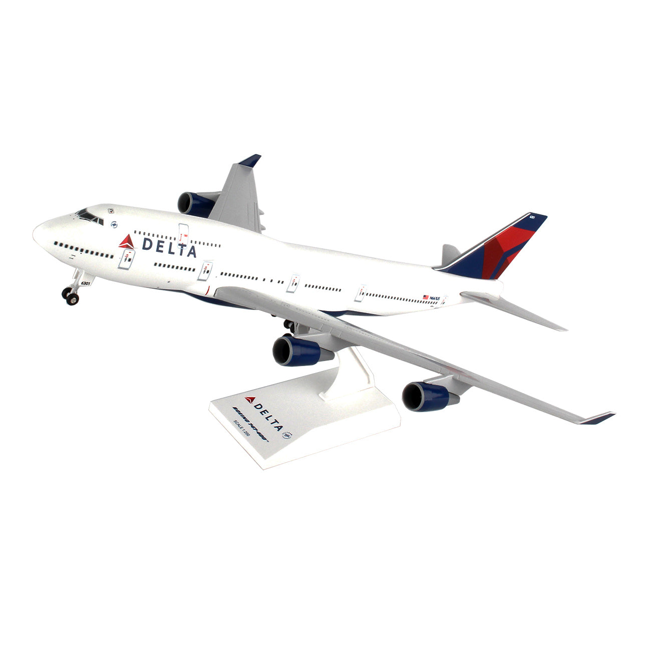 The Daron Delta Air Lines Boeing 747-400 1:200 Model features authentic markings and a stand. This white model displays the Delta logo on the fuselage and tail, highlighting its impressive wings and engines from a slight upward angle.