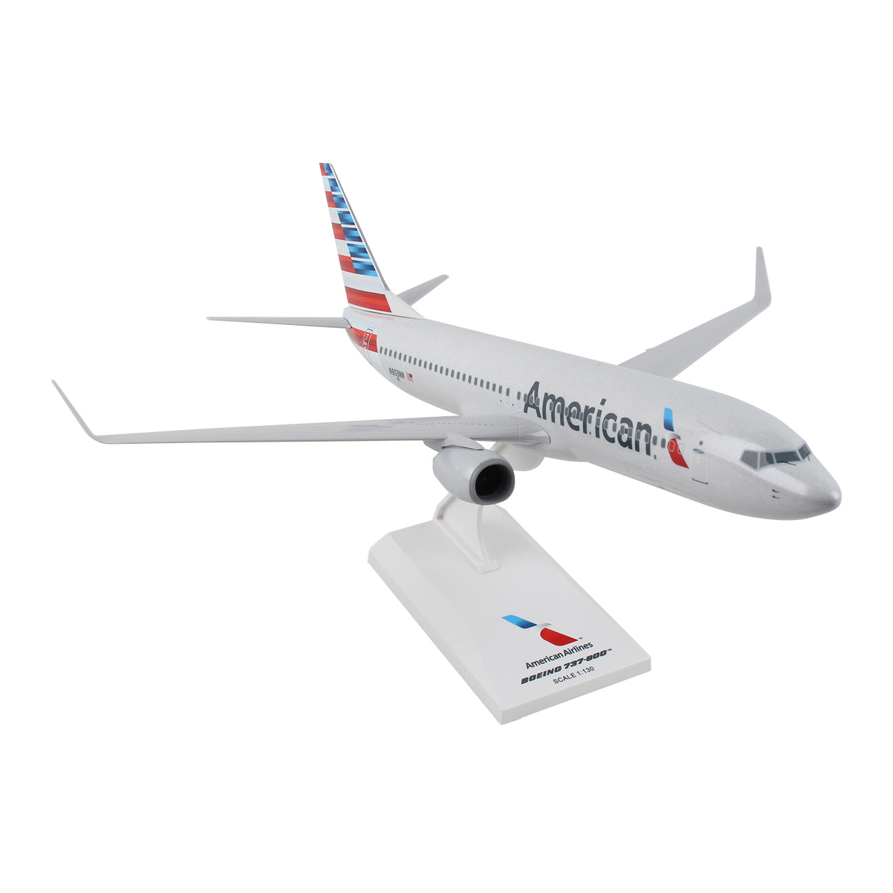 The Daron American Airlines Boeing 737-800 1:130 Model is a true-to-scale aircraft featuring a sleek white body and red, white, and blue tail design with detailed graphics. It includes a display stand showcasing the airline and aircraft details.