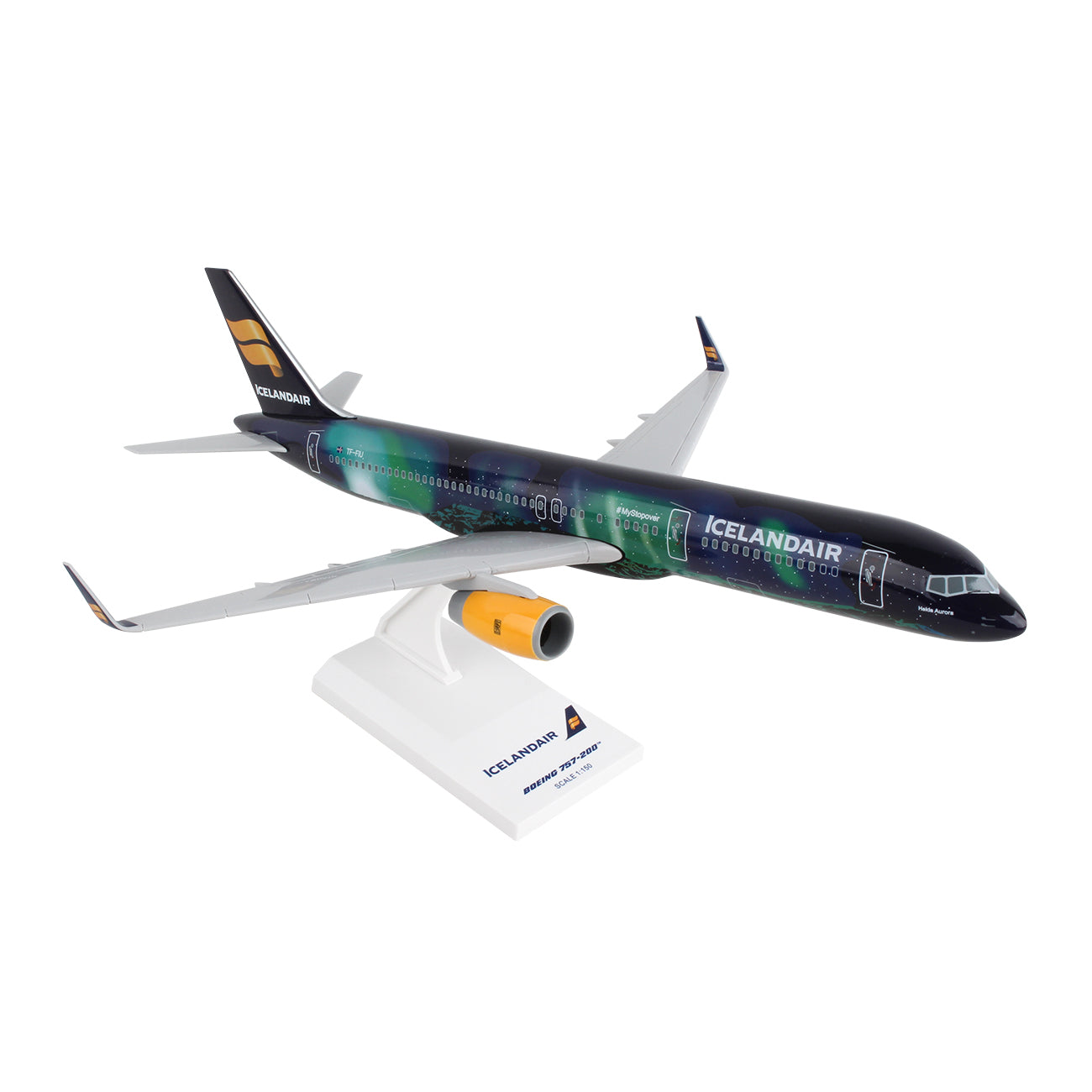 The Icelandair Boeing 757-200 Hekla 1:150 model by Daron showcases a Northern Lights design in dark green and blue, crafted from injection molded plastic, mounted on a white stand with visible branding.
