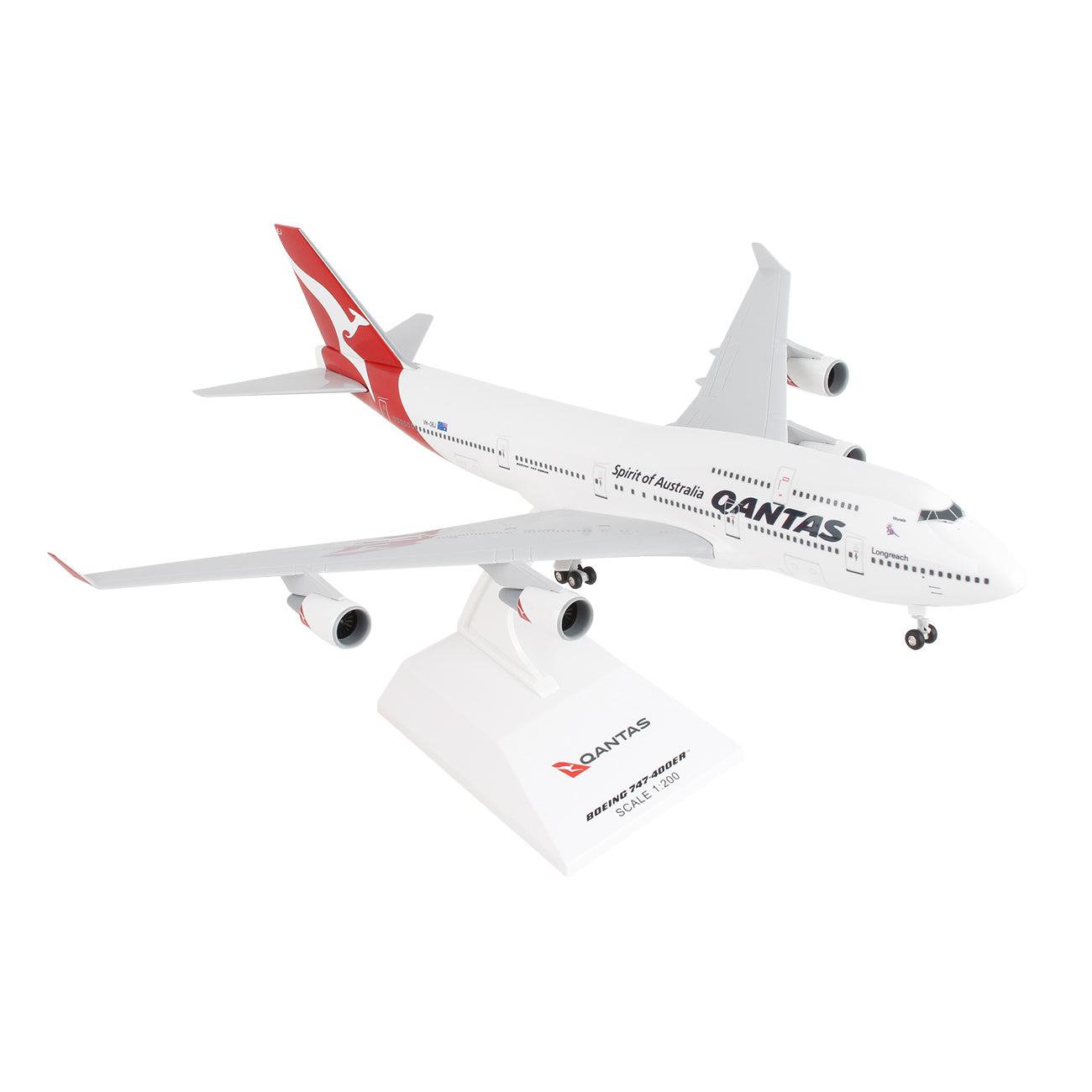 The Daron 1:200 model of Qantas Airways Boeing 747-400 Final Flight features a stand, with a white and red design and iconic tail. It has four engines and displays QANTAS along with Spirit of Australia, reminiscent of classic British Airways style.