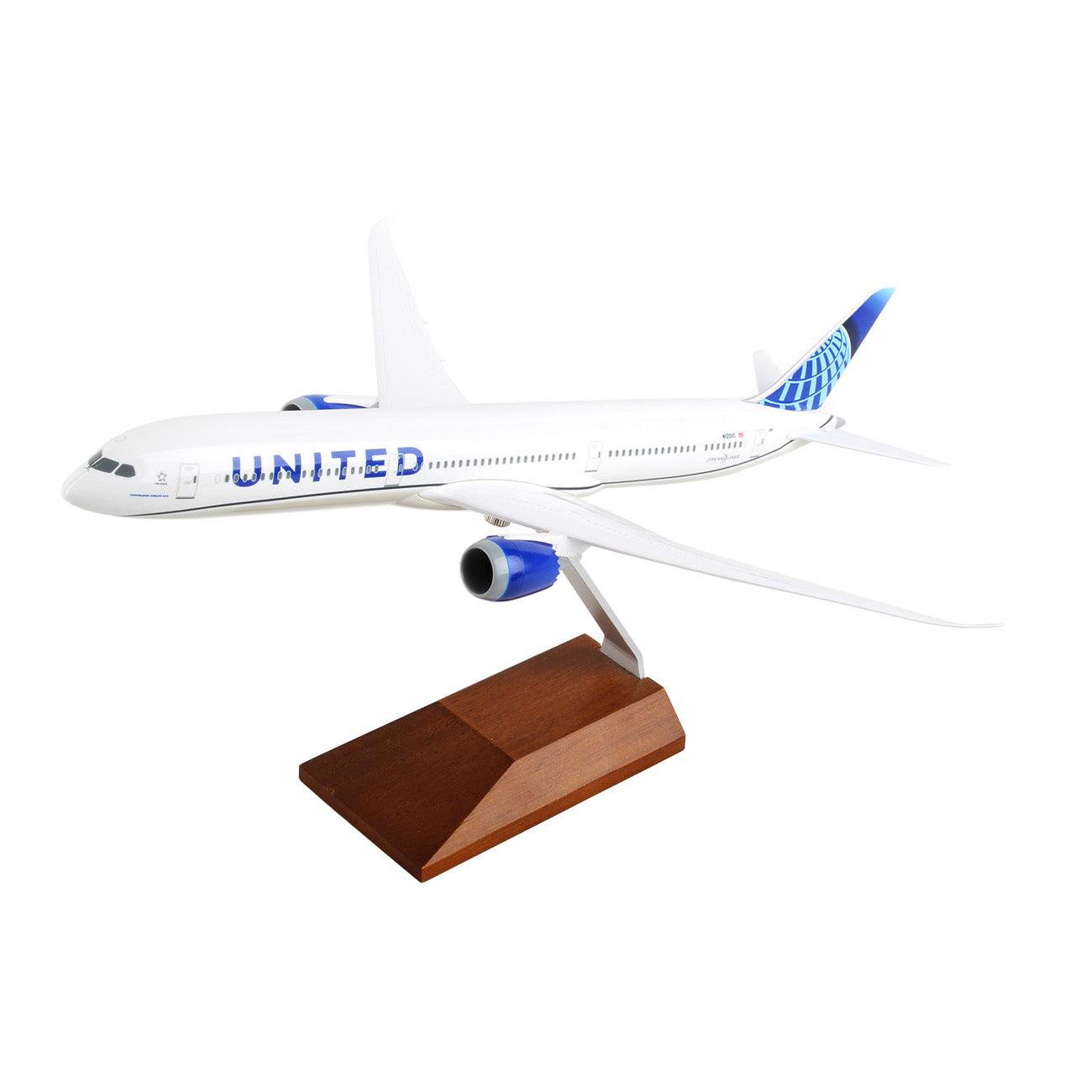 This Daron United Airlines 2019 Boeing 787-10 1:200 model features United branding on a sleek white body with blue accents, including its iconic tail and engine logos. Perfect for collectors, the commercial passenger jet comes with a wooden stand for display.