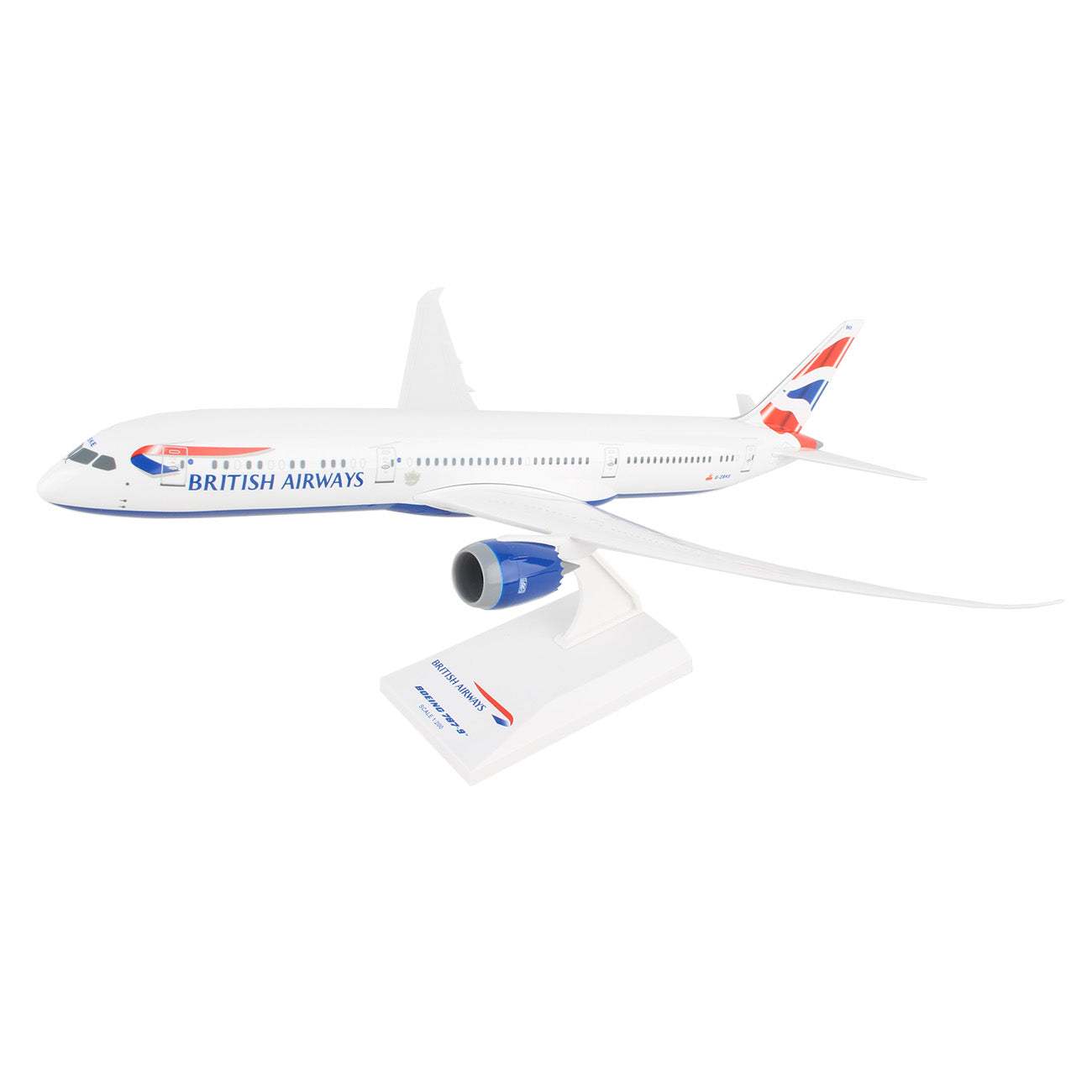 The Boeing Stores British Airways Boeing 787-9 1:200 Model is a collectors item with British Airways livery. It features a white body, blue underbelly, iconic tail and fuselage logos, and includes a display stand with the airlines name plaque.