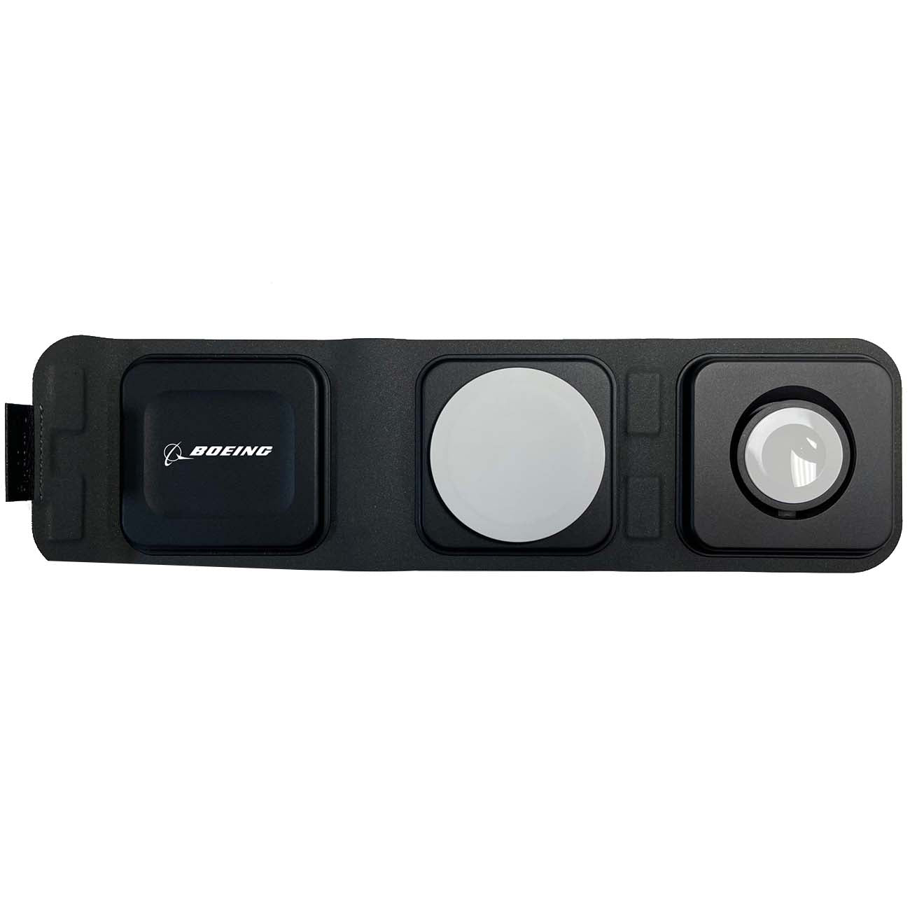 The Boeing Stores Mophie Boeing 3-in-1 Travel Charger is like a black case displaying three tech essentials: round filters with one bearing the Boeing logo, another frosted, and a clear lens, all organized in sleek compartments reminiscent of USB ports for essential accessories.