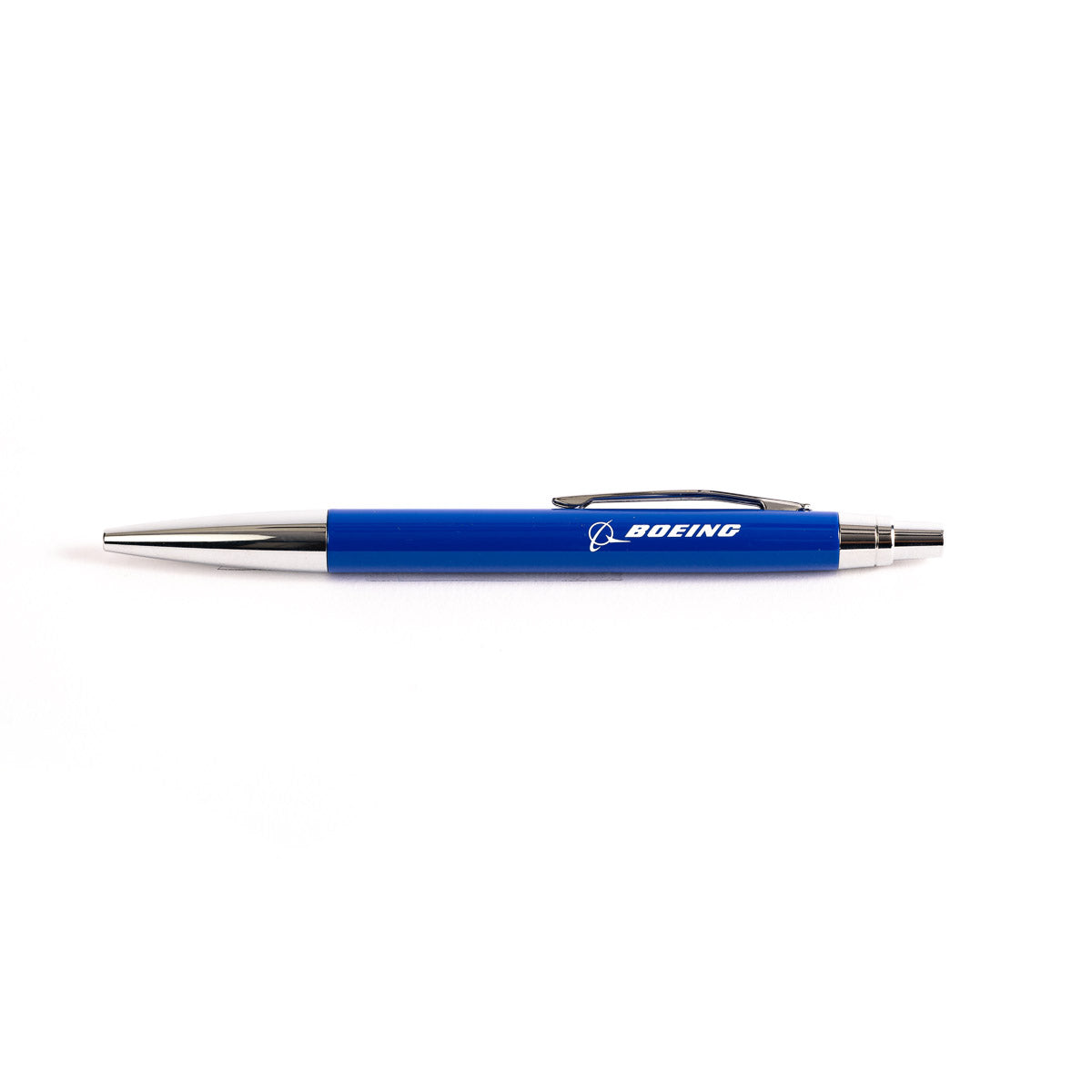 The Boeing Stores Boeing 767 Stratotype Pen, a blue retractable pen with a silver tip and clip, showcases the white Boeing logo. It lies horizontally on a white background and uses a Parker-type refill, offering aviation enthusiasts a premium experience similar to flying on a Boeing 767.