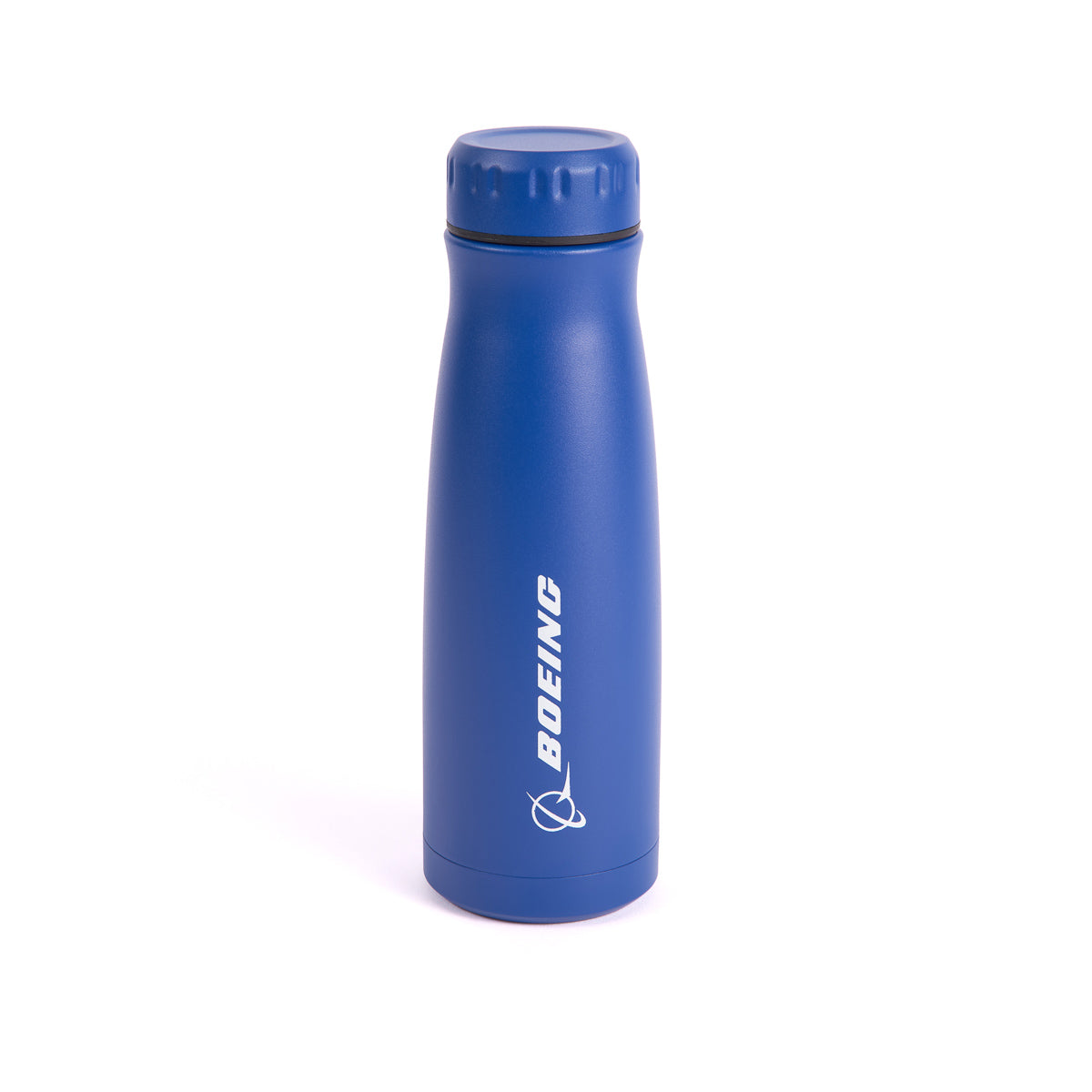 The Boeing 767 Stratotype Water Bottle by The Boeing Store stands upright with a sleek design, featuring a blue body and screw-on lid. Boeing and its logo are printed in white, complementing the aviation-inspired elegance against a crisp white backdrop.