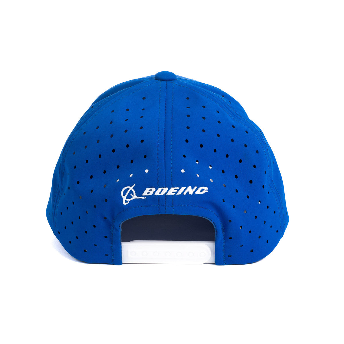 The Boeing 777 Stratotype Hat from The Boeing Store is a blue baseball cap that sports the Boeing logo and name in white letters. Designed for aviation enthusiasts, it has rear perforations and an adjustable strap inspired by the Boeing Stratotype.