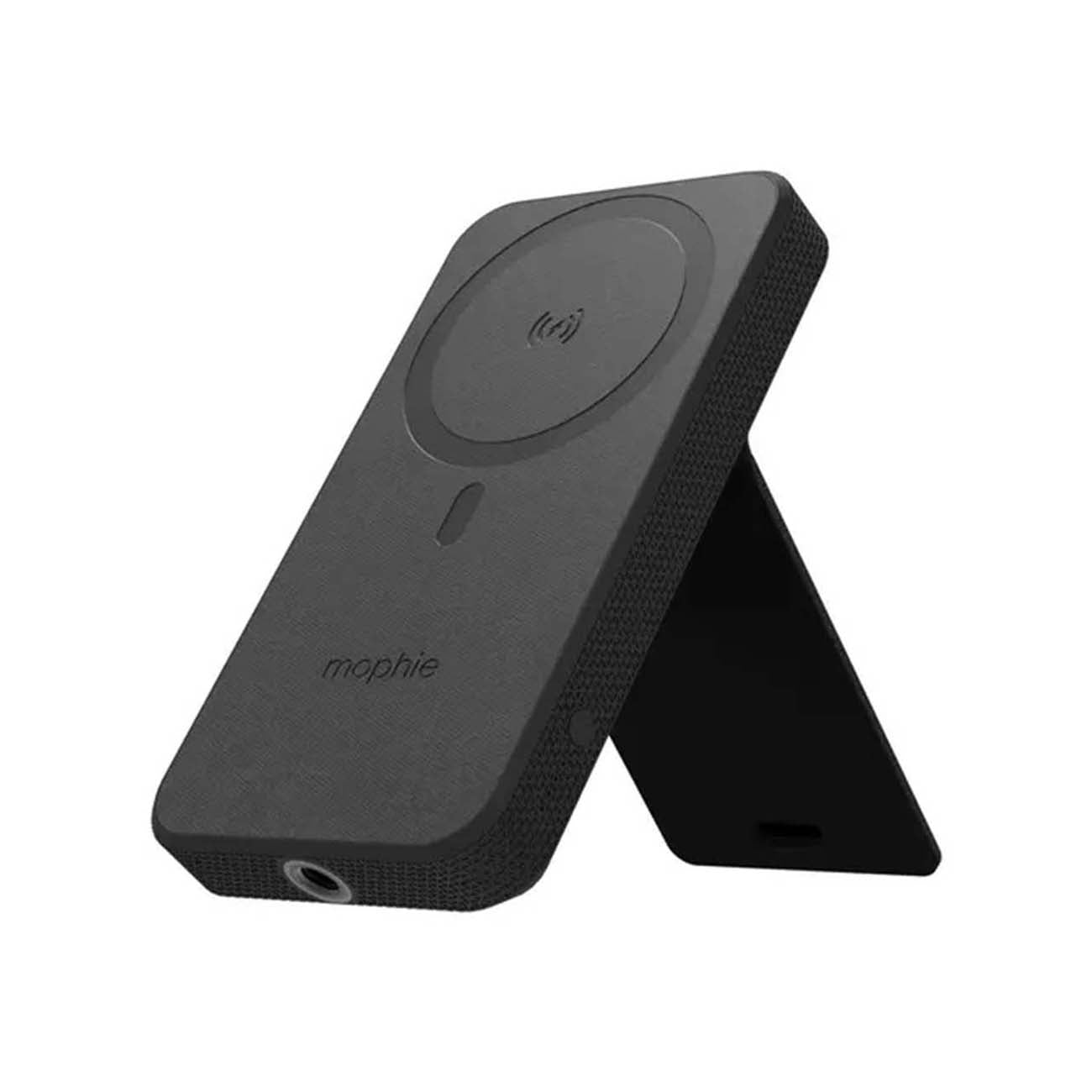 The Boeing Store’s Mophie Boeing Snap+ Power Station features MagSafe compatibility, a black textured surface, circular charging pad on top, and an angled kickstand for propping up your device.