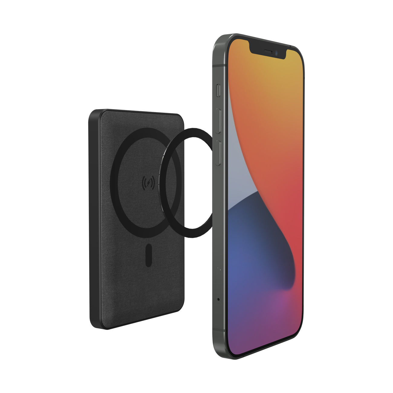 A smartphone with a colorful screen is shown, featuring a Mophie Boeing Snap+ Juice Pack Mini Power Bank from The Boeing Store attached to the back. The phone faces right while the sleek black power bank is clearly visible on the left, ensuring effortless magnetic wireless charging.