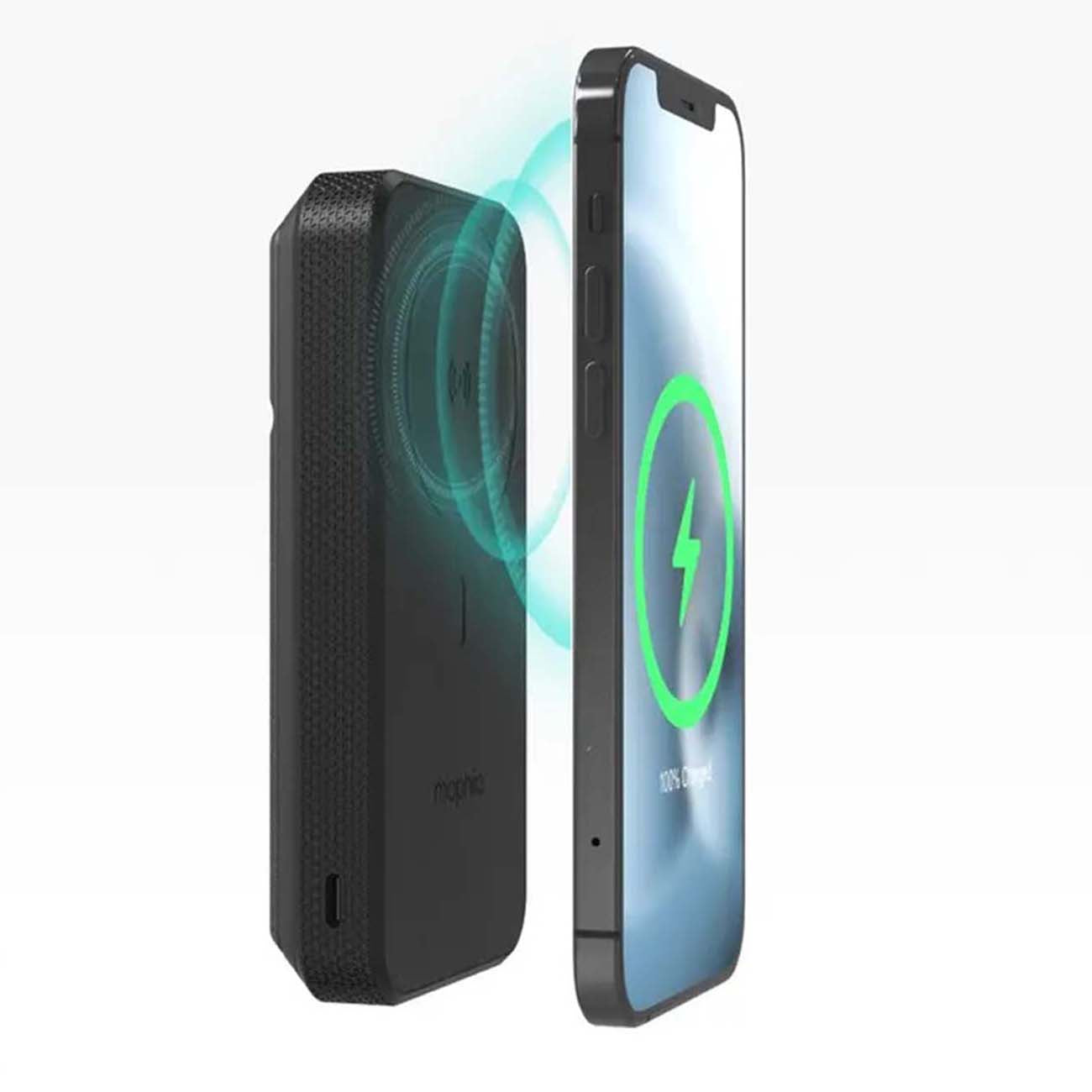 The Mophie Boeing Snap+ Power Station by The Boeing Store wirelessly charges a smartphone, indicated by green glowing rings on the phones screen. Both devices are set at an angle on a plain white background.