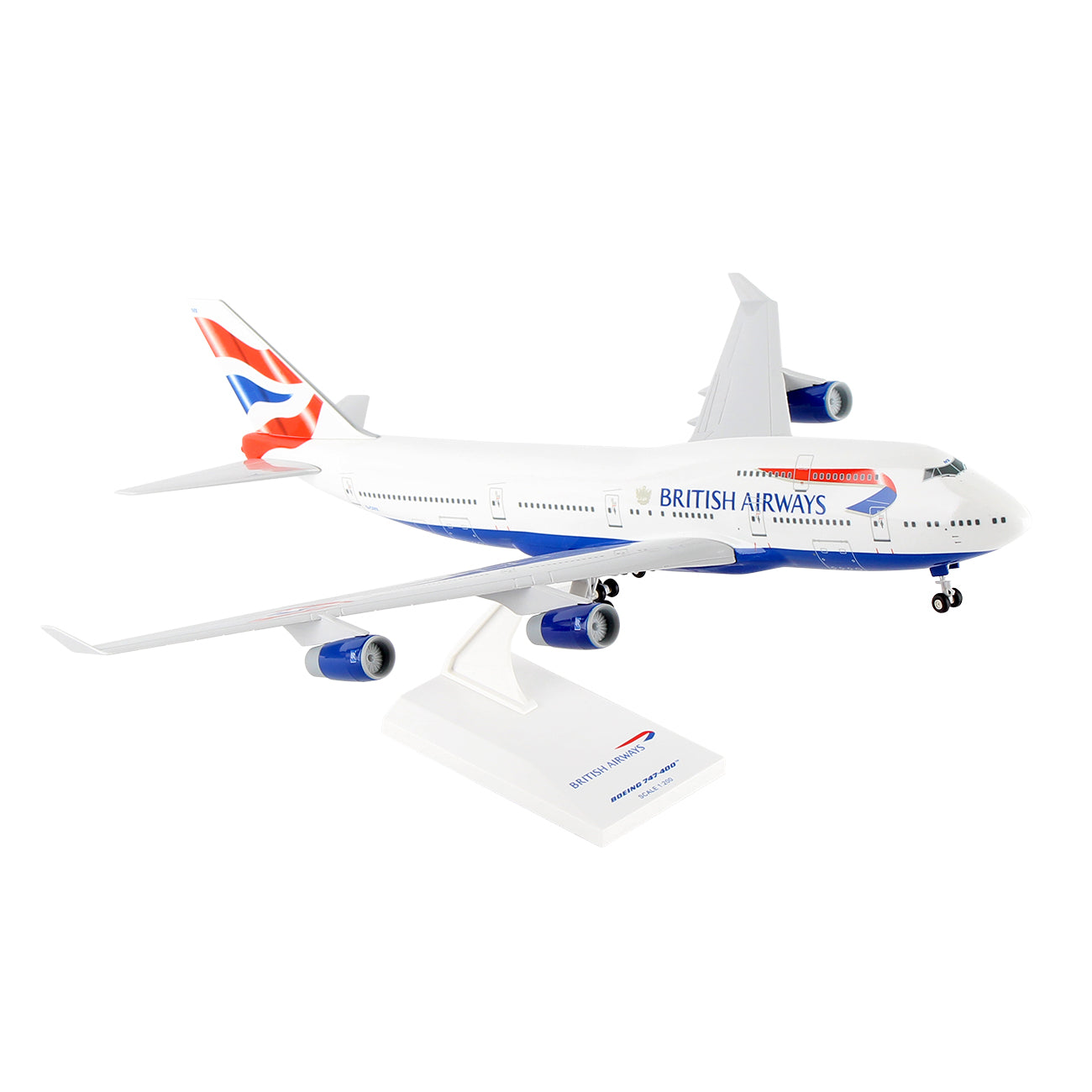 The Daron British Airways Boeing B747-400 1:200 Model features white, blue, and red livery and comes with a display stand. Ideal for aviation enthusiasts looking for a standout collectible piece.