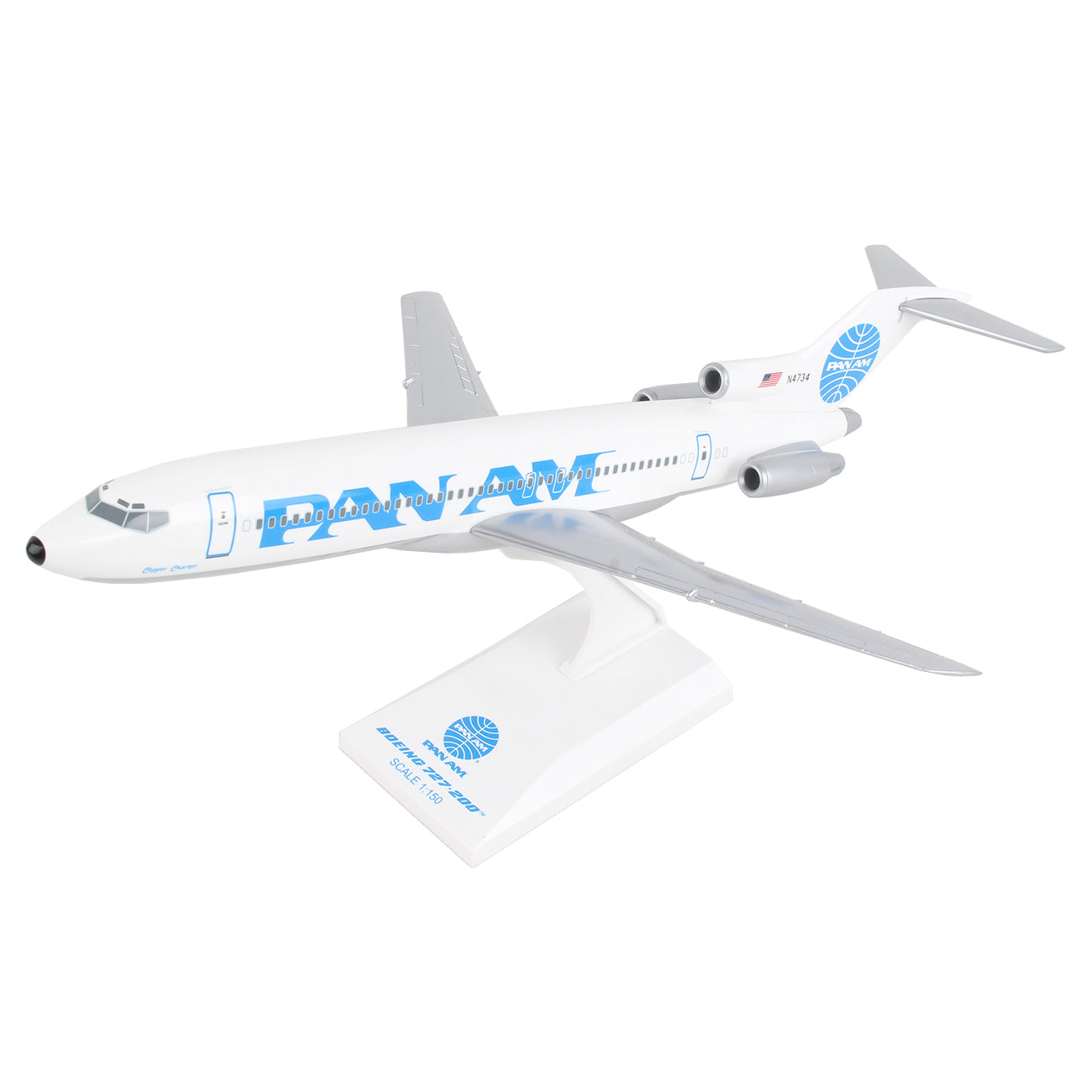 The Daron Pan Am World Airways Boeing 727-200 1:150 Model features a display stand, the blue Pan Am logo on the tail and side, and accurate white and gray details—an ideal collector’s piece.