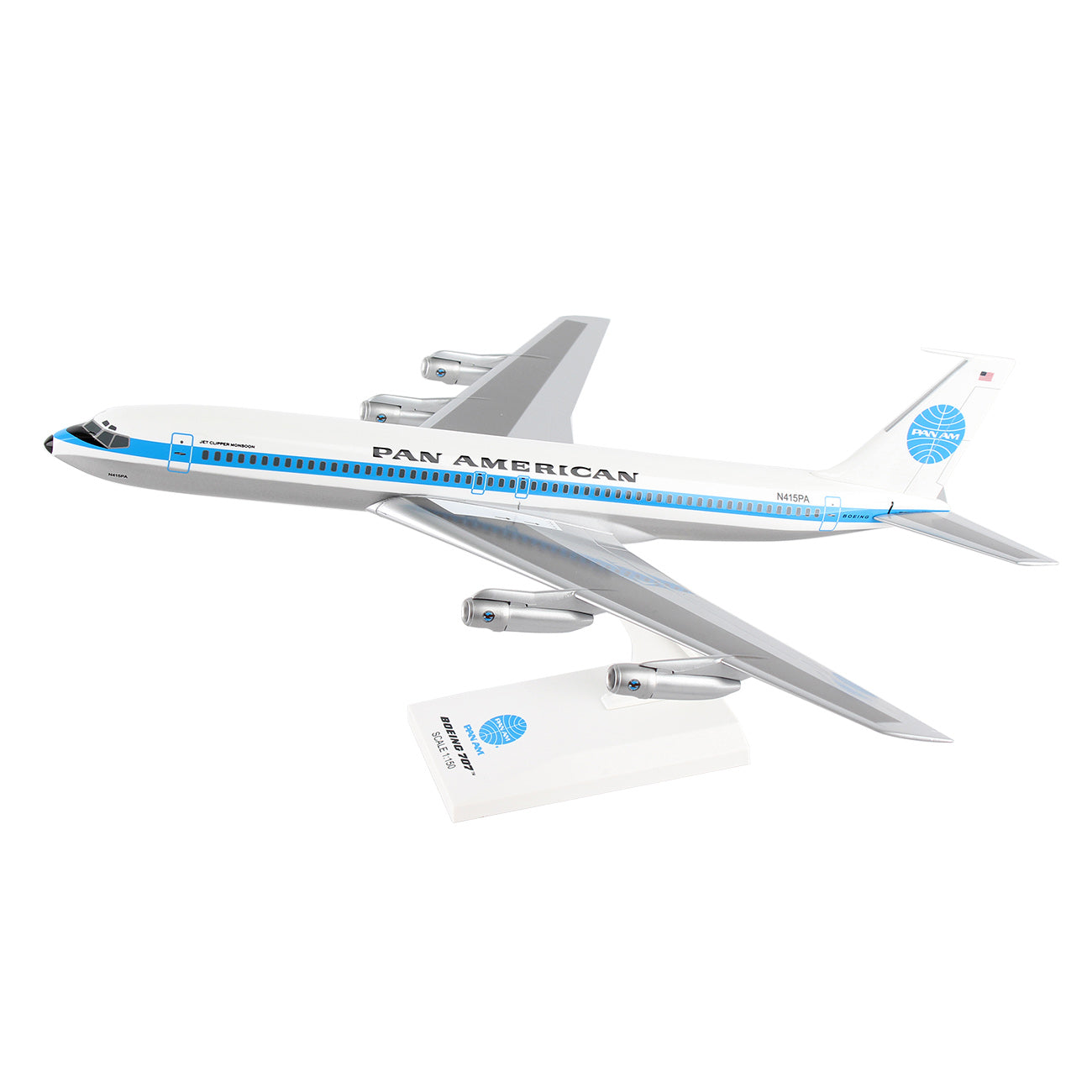 The Boeing Store’s Pan Am World Airways Boeing 707 1:150 Model features detailed Pan American livery, including the iconic logo on the tail and blue and white PAN AMERICAN text, displayed on a white stand—perfect for collectors.