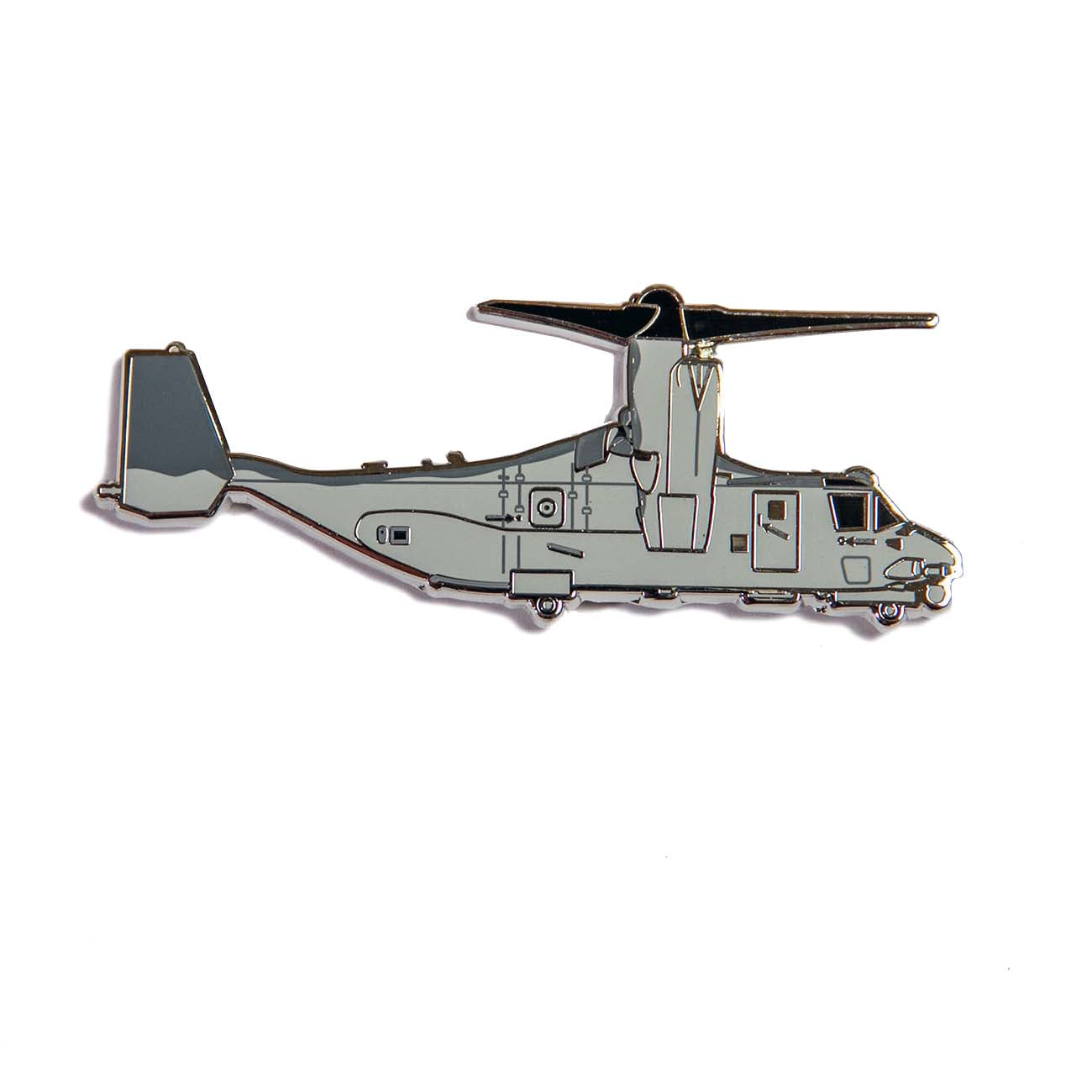The Boeing V-22 Illustrated Magnet by The Boeing Store features a minimalistic illustration of the grey-tone military tiltrotor Osprey, highlighting upward rotor blades like a helicopter, set against a white background with an enamel color fill effect.