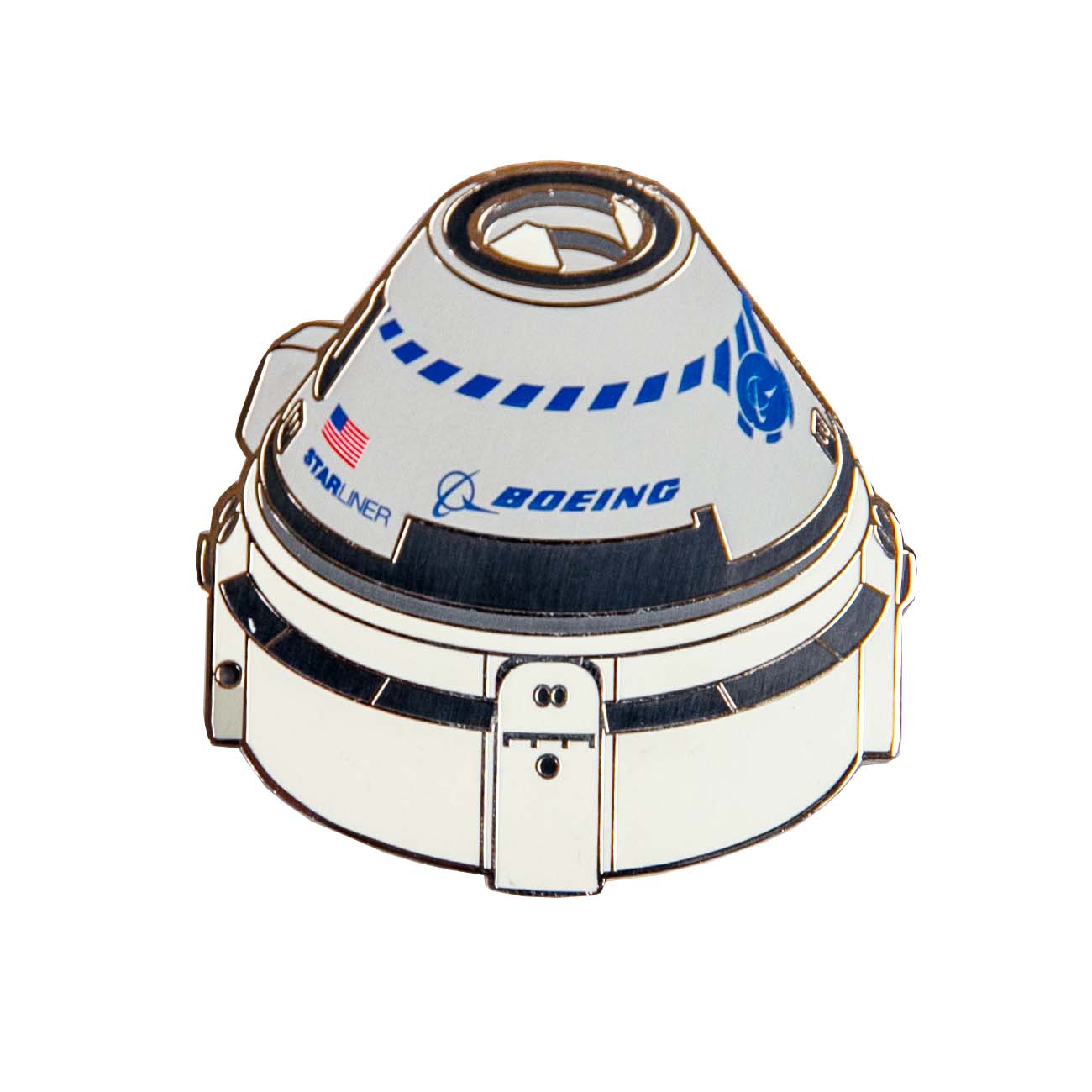 The Boeing Stores Boeing Starliner Illustrated Magnet features a spacecraft capsule with Starliner and Boeing logos, an American flag, and a NASA emblem, showcasing a gray conical shape with a black base and blue accents enhanced by vibrant enamel color fill.
