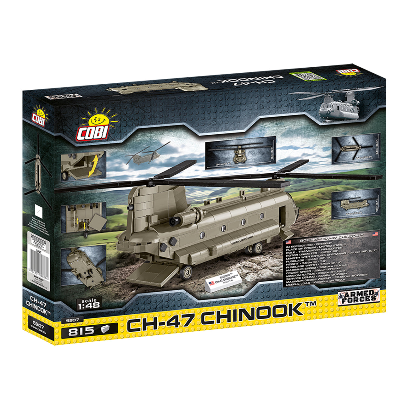Box of The Boeing Stores COBI CH-47 Chinook block set, model 5817, with 815 pieces; features the assembled model and alternate views against a mountainous backdrop.