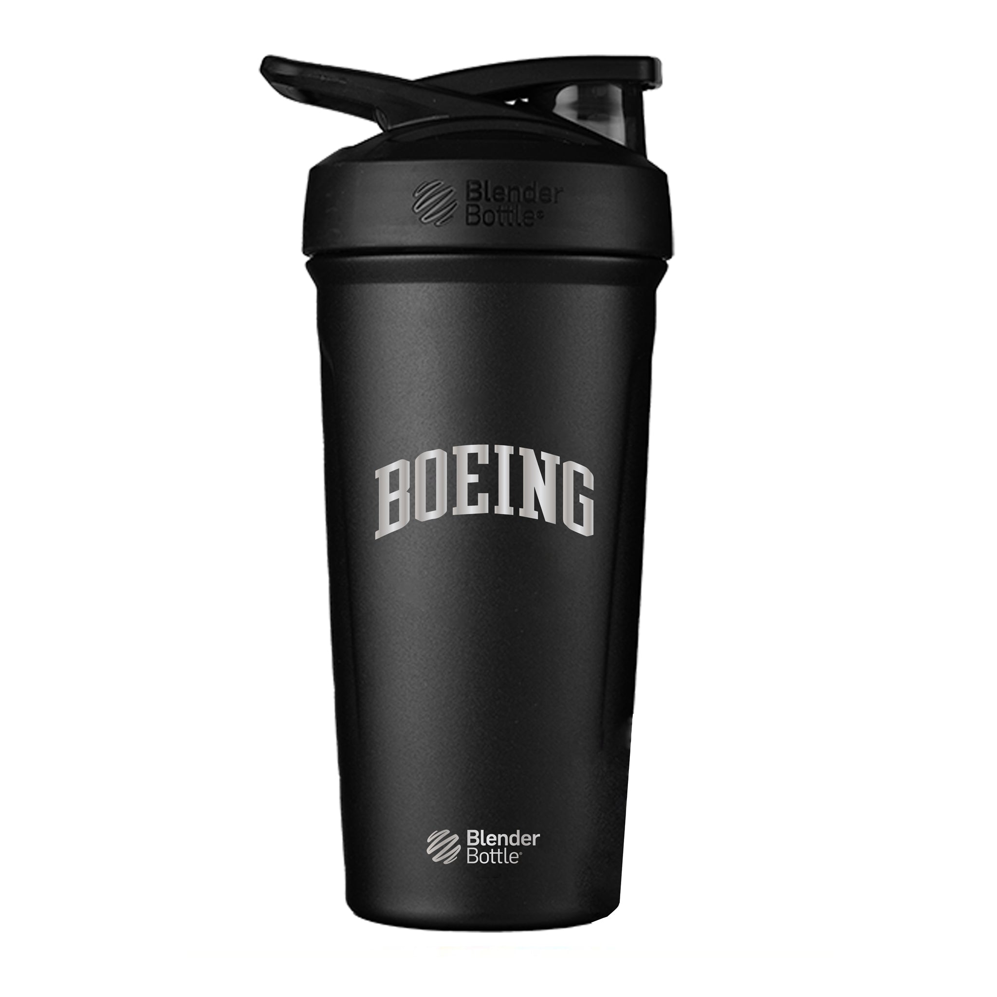 Black Blender Bottle with silver Boeing varsity logo in the center