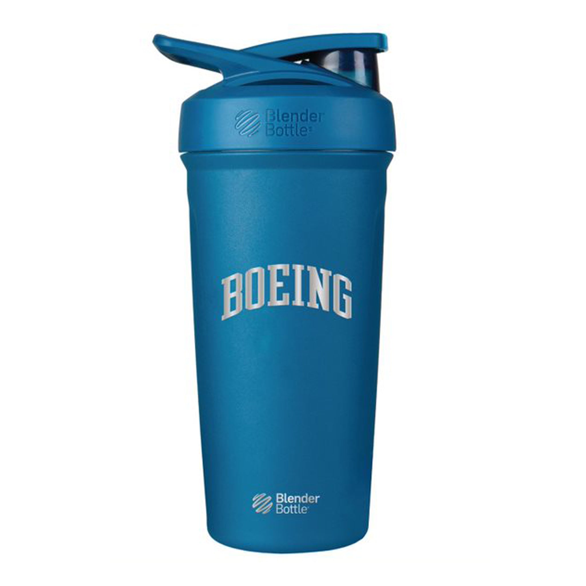 Royal blue Blender Bottle with silver Boeing varsity logo in the center