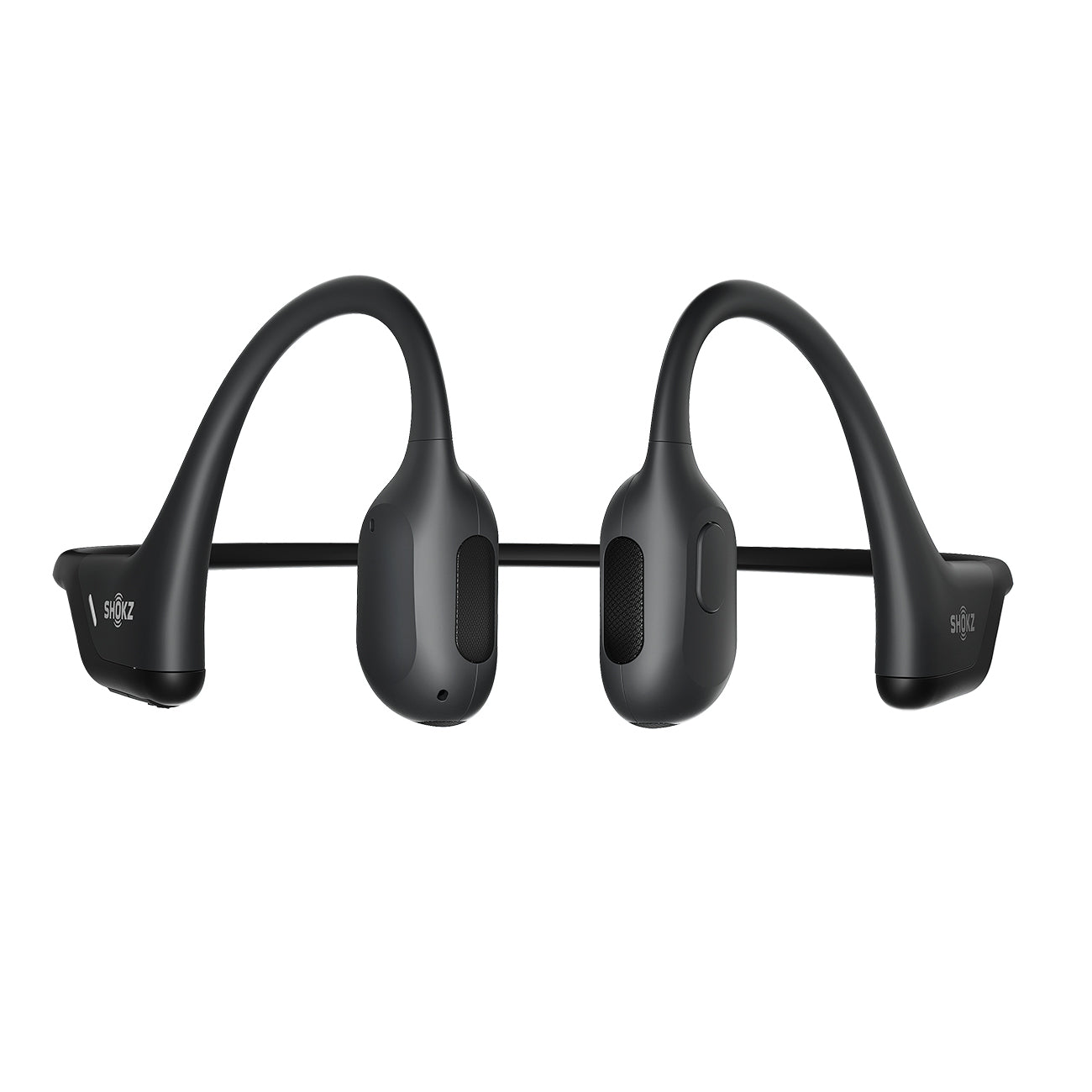 The Boeing Stores Shokz™ OpenRun Pro headphones boast sleek, black bone conduction technology, with flexible ear hooks and a slim band. The brand name is on the earpieces, offering a minimalist design for an exceptional open-ear listening experience.