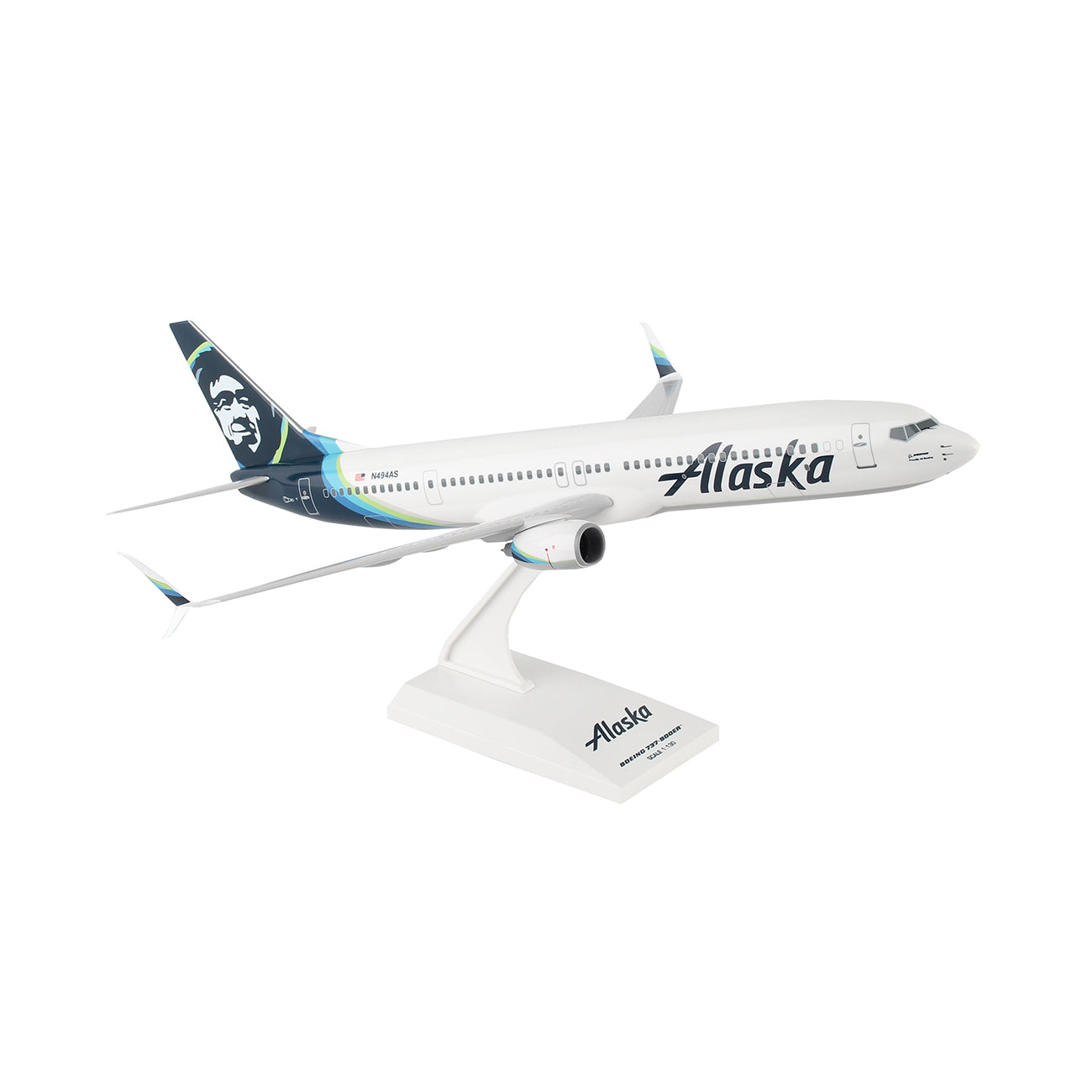 The Daron Alaska Airlines Boeing 737-900ER 1:130 Model features detailed “Alaska” graphics and a native Alaskan face logo on the tail, making it an ideal collectible for aviation fans and model enthusiasts.