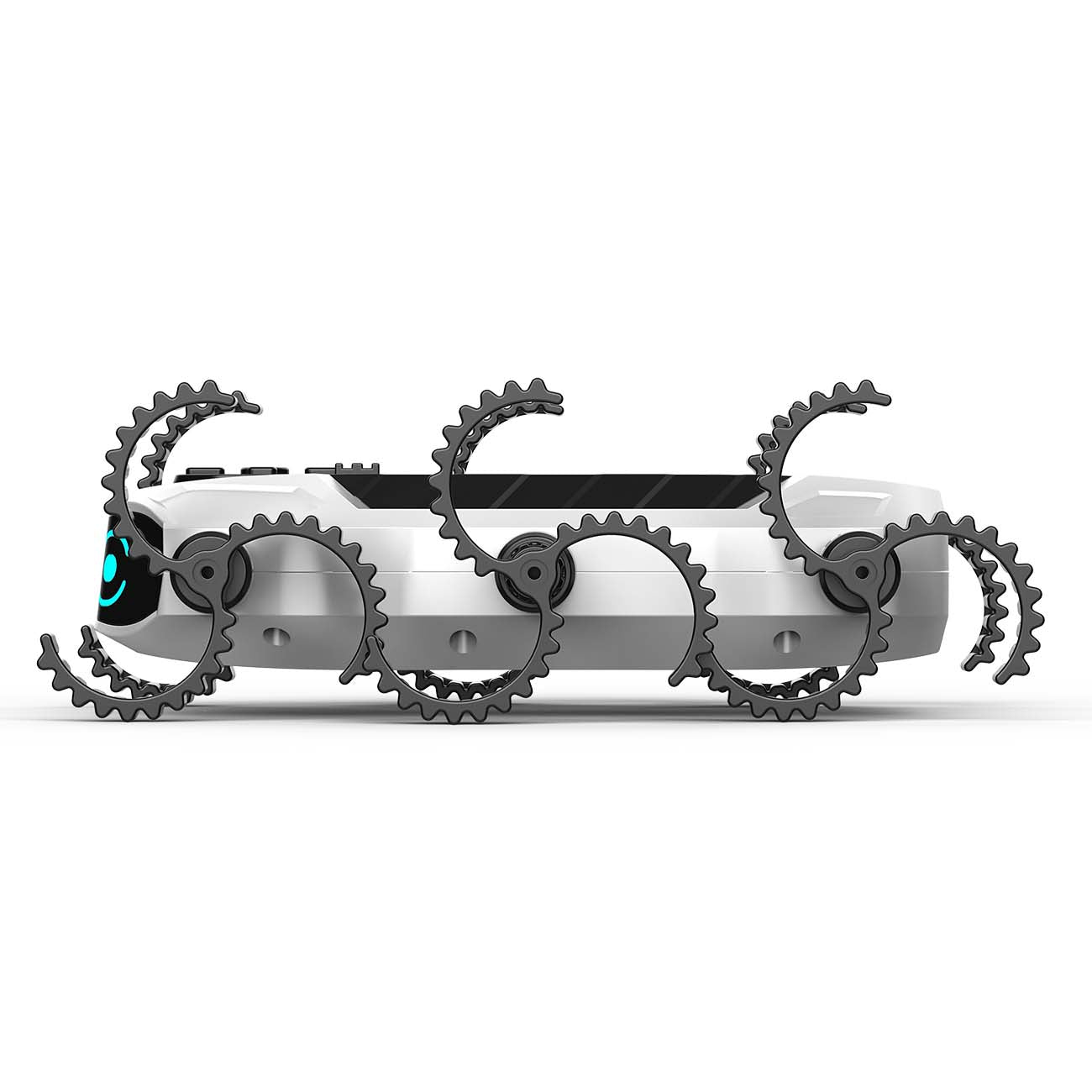The OWI Cyber Crawler Robot Kit by The Boeing Store features a white robot with four large, gear-like jagged wheels. Pictured on its side against a plain white background, its an ideal addition to any robotics kit for programming practice.