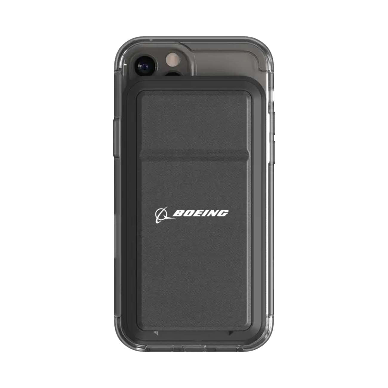 A Mophie Boeing Snap+ Power Station from The Boeing Store in a clear case, featuring a black card holder with the white Boeing logo and MagSafe compatibility for easy wireless charging.