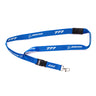 The Boeing Stores Boeing 777 Stratotype Lanyard in blue, with Boeing and 777 in white, showcases aviation history. Featuring a metal clip and black plastic buckle, its an ideal office accessory for aviation enthusiasts.