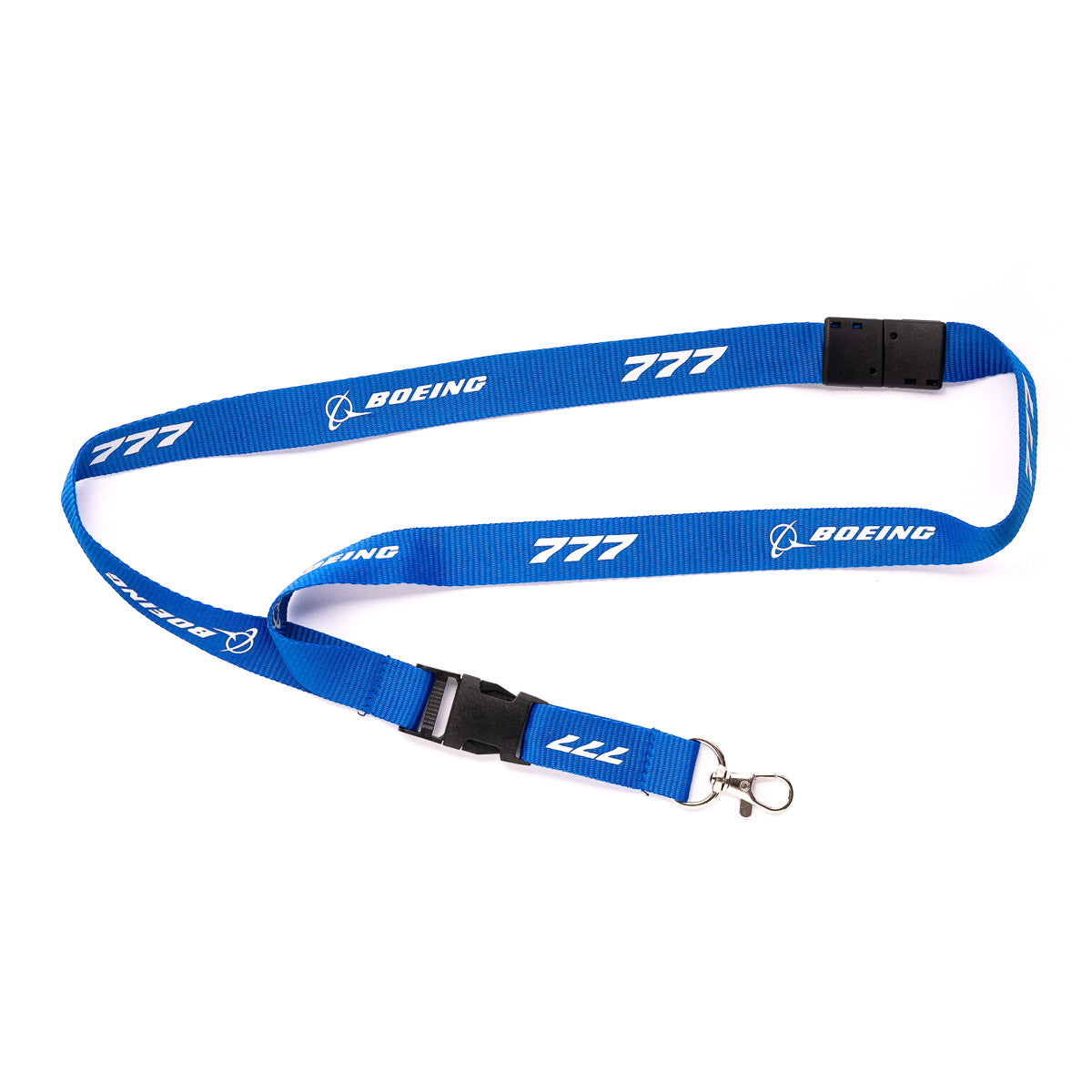 The Boeing Stores Boeing 777 Stratotype Lanyard in blue, with Boeing and 777 in white, showcases aviation history. Featuring a metal clip and black plastic buckle, its an ideal office accessory for aviation enthusiasts.