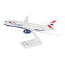 The Daron British Airways Boeing 787-8 1:200 Model features authentic markings, a white fuselage with blue accents, a red and blue tail design, visible underwing jet engines, and comes with a branded stand.