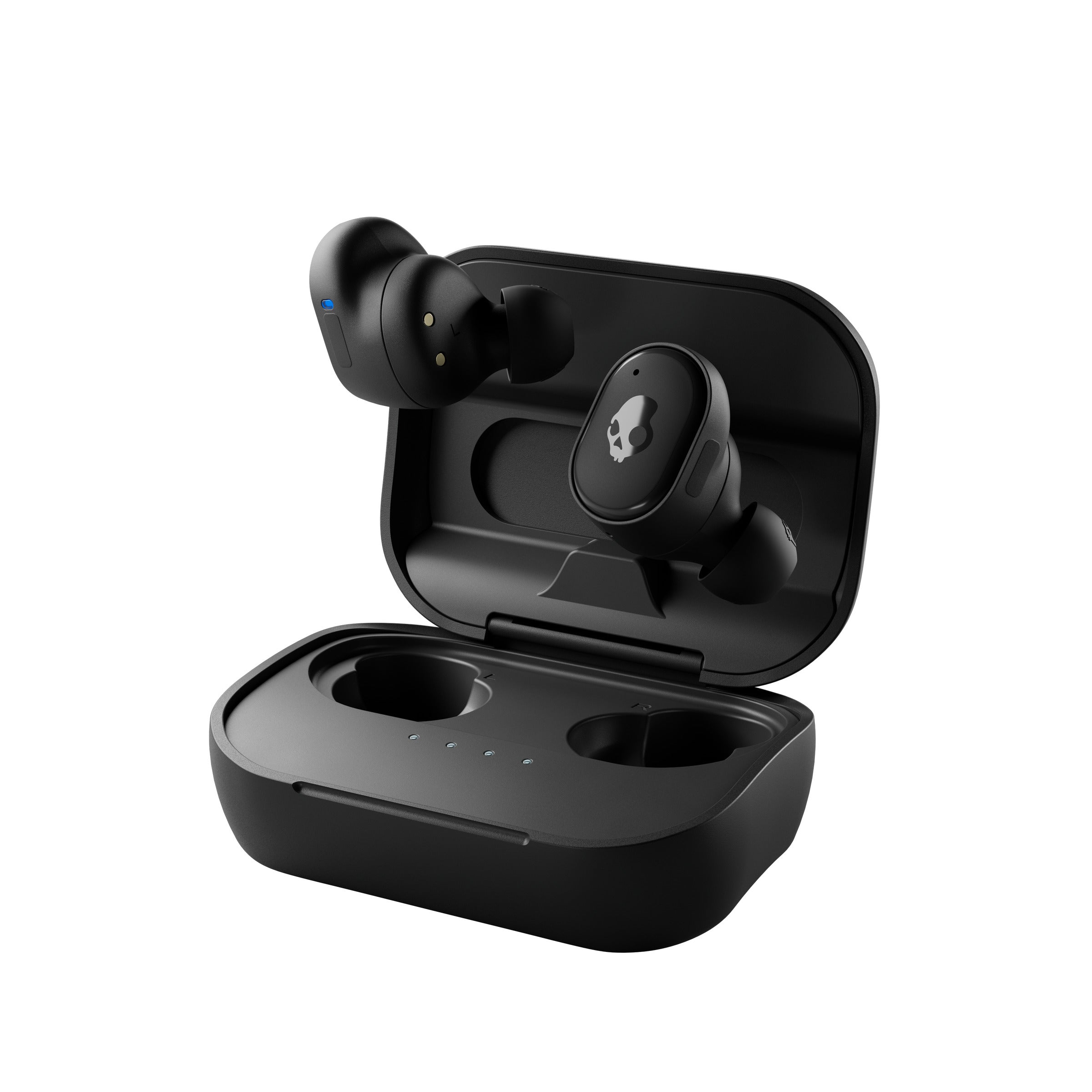 The Boeing Store’s Skullcandy Grind Wireless Earbuds in black, featuring Skull-iQ smart technology, are shown with one earbud floating above an open charging case that has four LED indicator lights on the front.