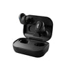 The Boeing Store’s Skullcandy Grind Wireless Earbuds in black, featuring Skull-iQ smart technology, are shown with one earbud floating above an open charging case that has four LED indicator lights on the front.