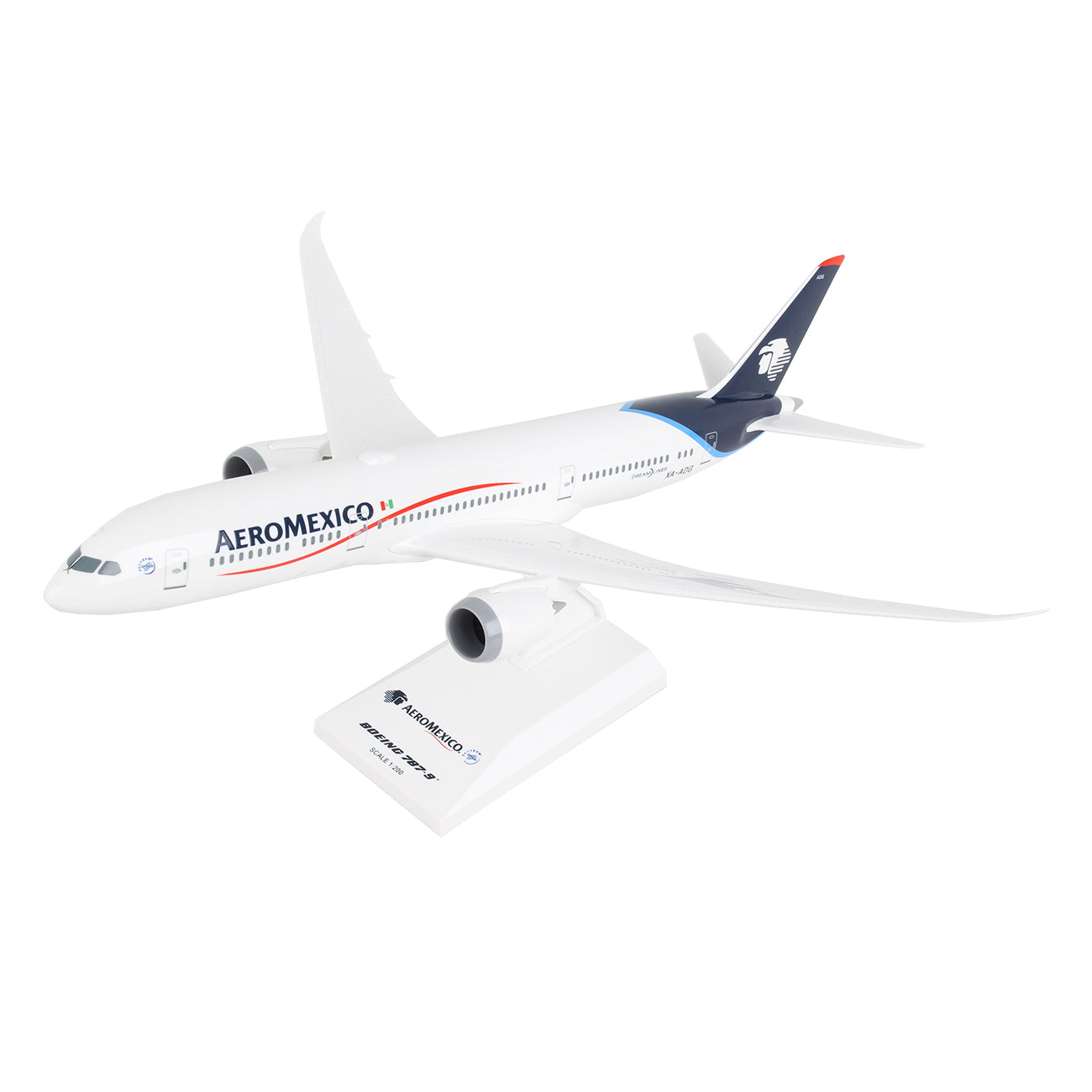 The Daron Aeromexico Boeing 787-9 1:200 Model captures AeroMexicos essence with its sleek white body and blue-red accents, perfect for collectors. It features a detailed design, including two engines and the airlines tail logo.
