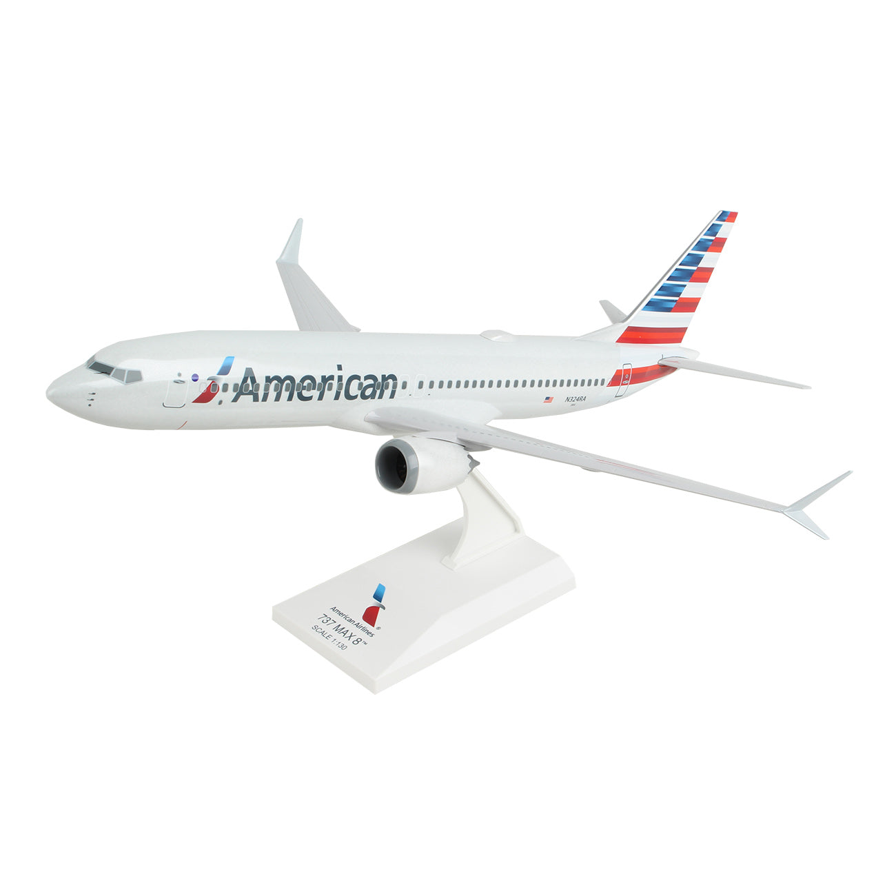 The 1:130 Daron model displays American Airlines Boeing 737 MAX 8 with a white body, red, white, and blue tail design, and logo on the fuselage on a white stand.