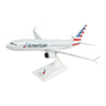 The 1:130 Daron model displays American Airlines Boeing 737 MAX 8 with a white body, red, white, and blue tail design, and logo on the fuselage on a white stand.