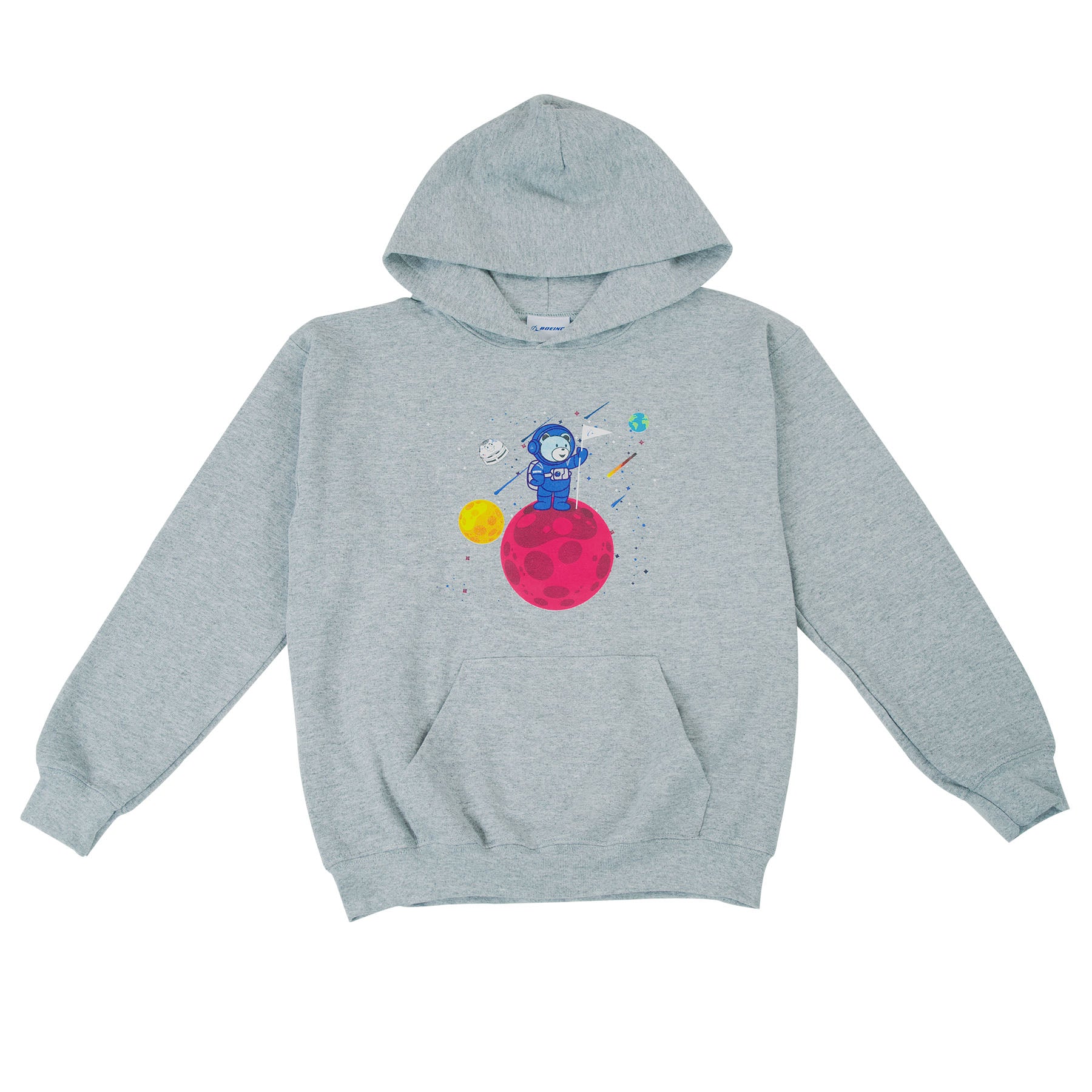 The Boeing Bear Kids Hoodie from The Boeing Store is a light gray sweatshirt featuring a cartoon astronaut on a red planet with colorful stars and planets in the background on the front.