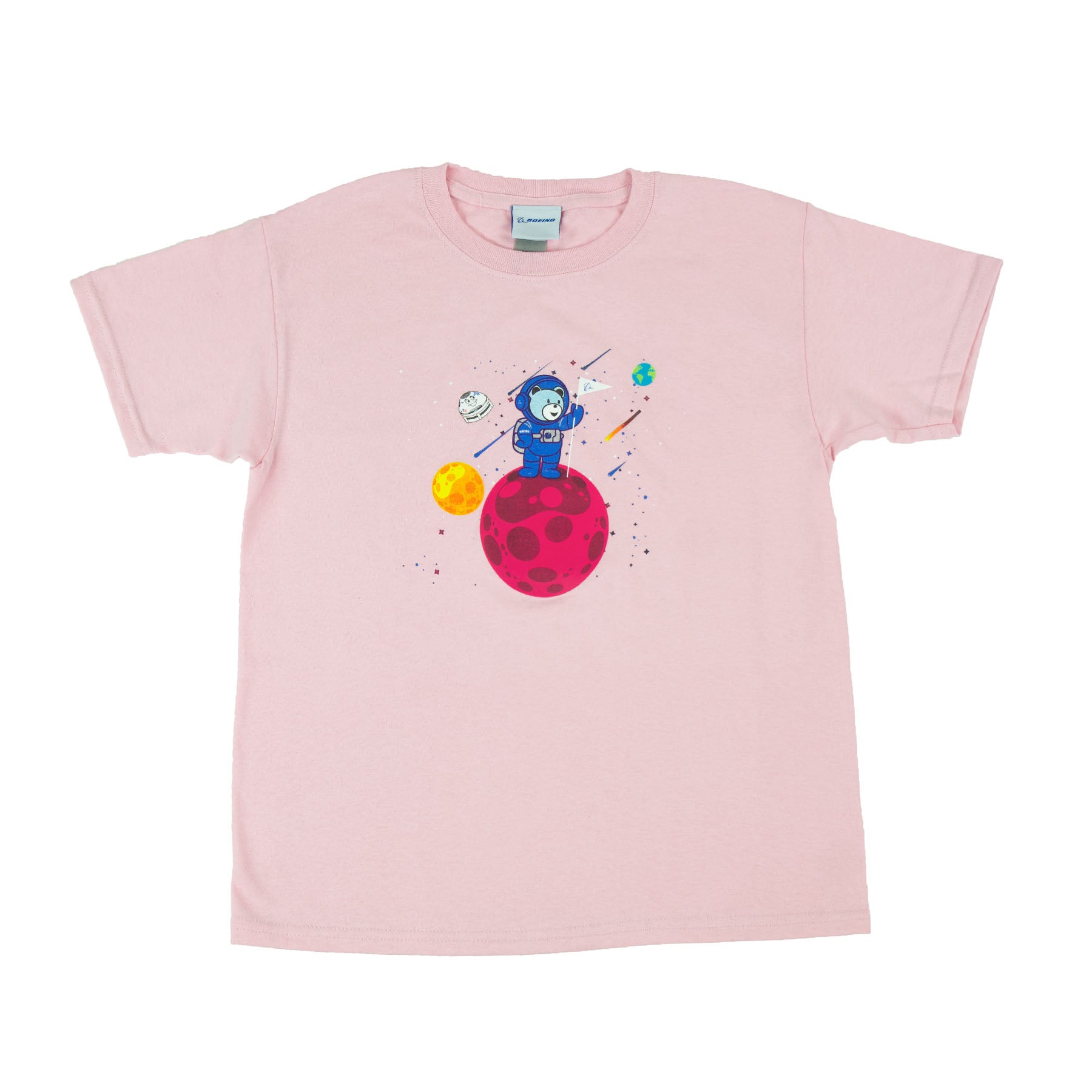 The Boeing Bear Kids T-Shirt by The Boeing Store is a pink tee showcasing an illustrated astronaut on a red planet, surrounded by colorful planets and stars—a whimsical space scene perfect for young Space Explorers.